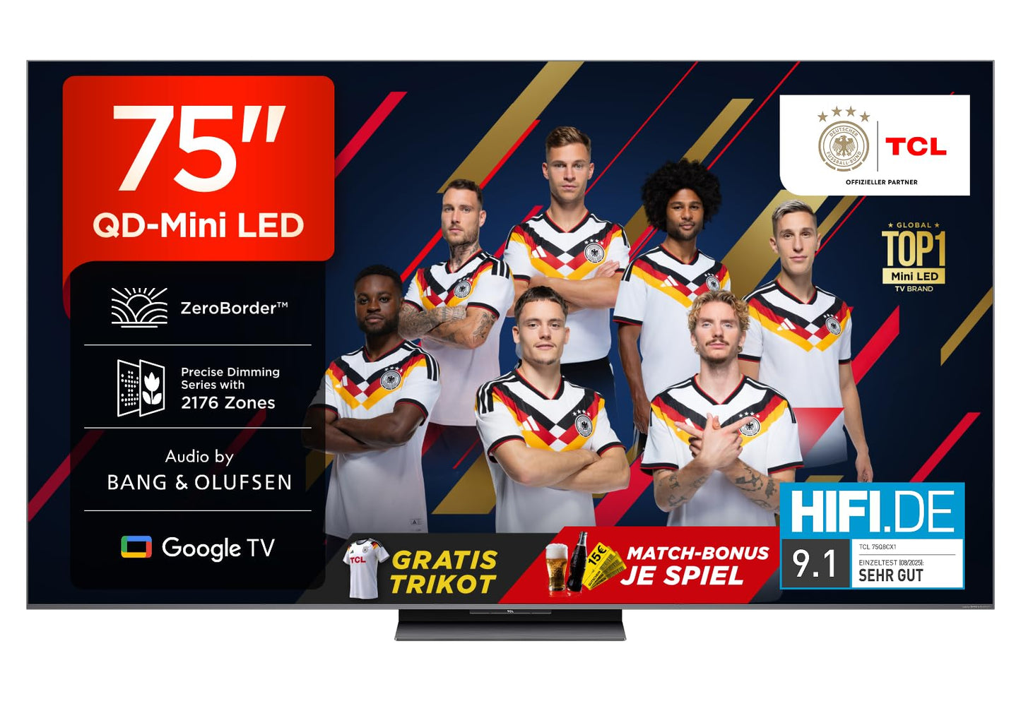 TCL 75Q8C 75 inch QD-Mini LED TV, 4K HDR Premium 4500, ZeroBorder™, Smart Google TV, CrystGlow WHVA Panel, Audio by Bang & Olufsen, 144Hz Motion Clarity Pro, Dolby Vision IQ & Atmos