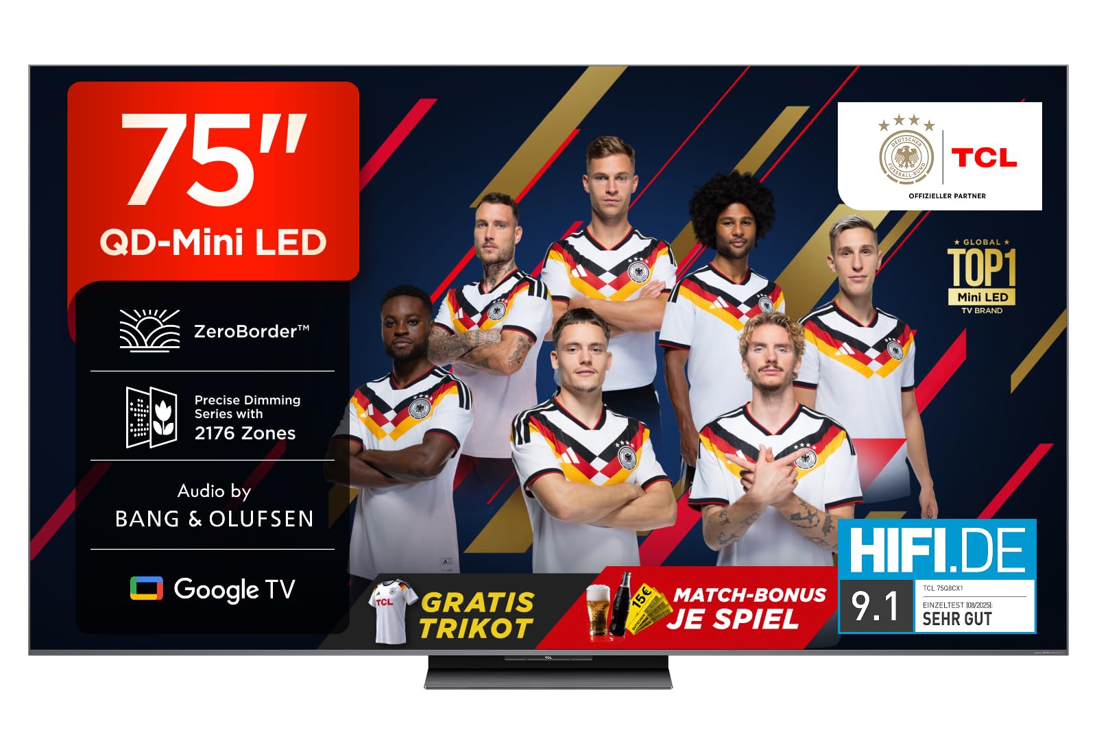 TCL 75Q8C 75 inch QD-Mini LED TV, 4K HDR Premium 4500, ZeroBorder™, Smart Google TV, CrystGlow WHVA Panel, Audio by Bang & Olufsen, 144Hz Motion Clarity Pro, Dolby Vision IQ & Atmos