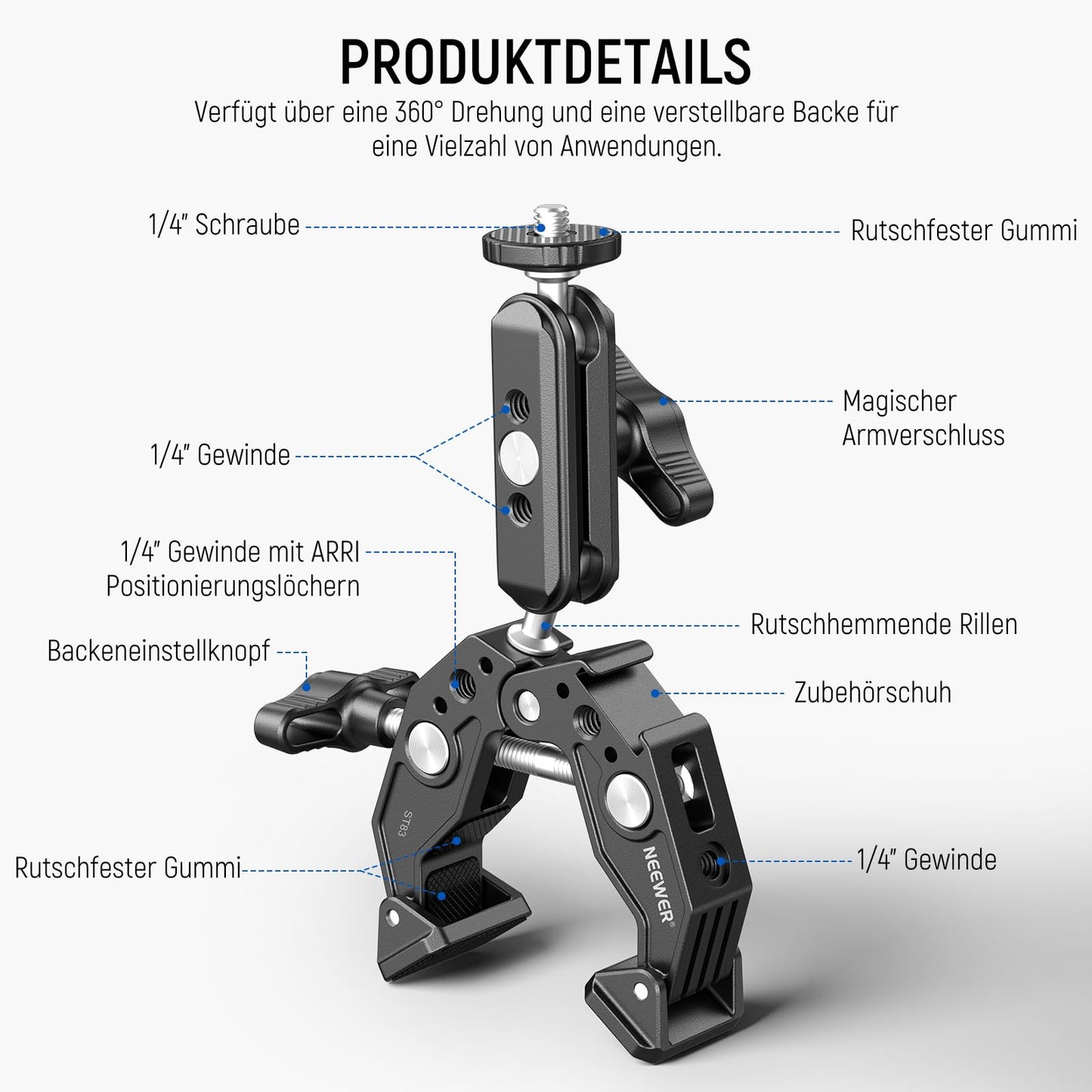 NEEWER Super Clamp Clamp with 3" Dual Ball Head Magic Arm, Cold Shoe, 1/4" Thread, Mobile Phone/Action Cam Mount Adapter for Table Tripod Tube Traverse Gimbal Rods Compatible with SmallRig GoPro DJI, ST83 - 10104474