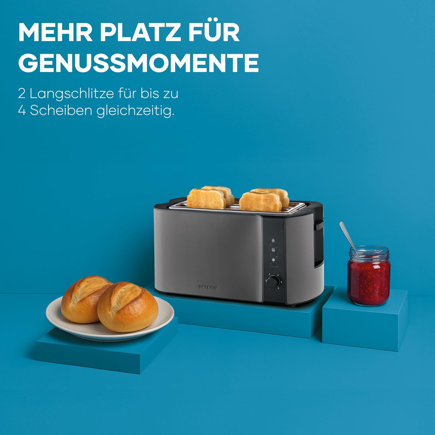 Severin automatic high-quality stainless steel toaster with large roasting chambers and 1400 W power, defrost function, dark inox/black