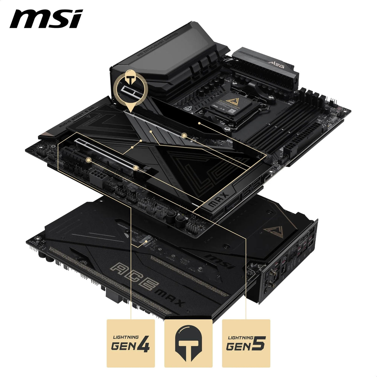MSI MEG X870E ACE MAX Placă de bază, ATX - Suportă procesoare AMD Ryzen 9000/8000 / 7000, AM5-64MB BIOS ROM, 110A SPS VRM, memorie DDR5 (până la 9000+ MT/s OC), M.2 & PCIe 5.0, USB4, Wi-Fi 7 - 7E85-001R