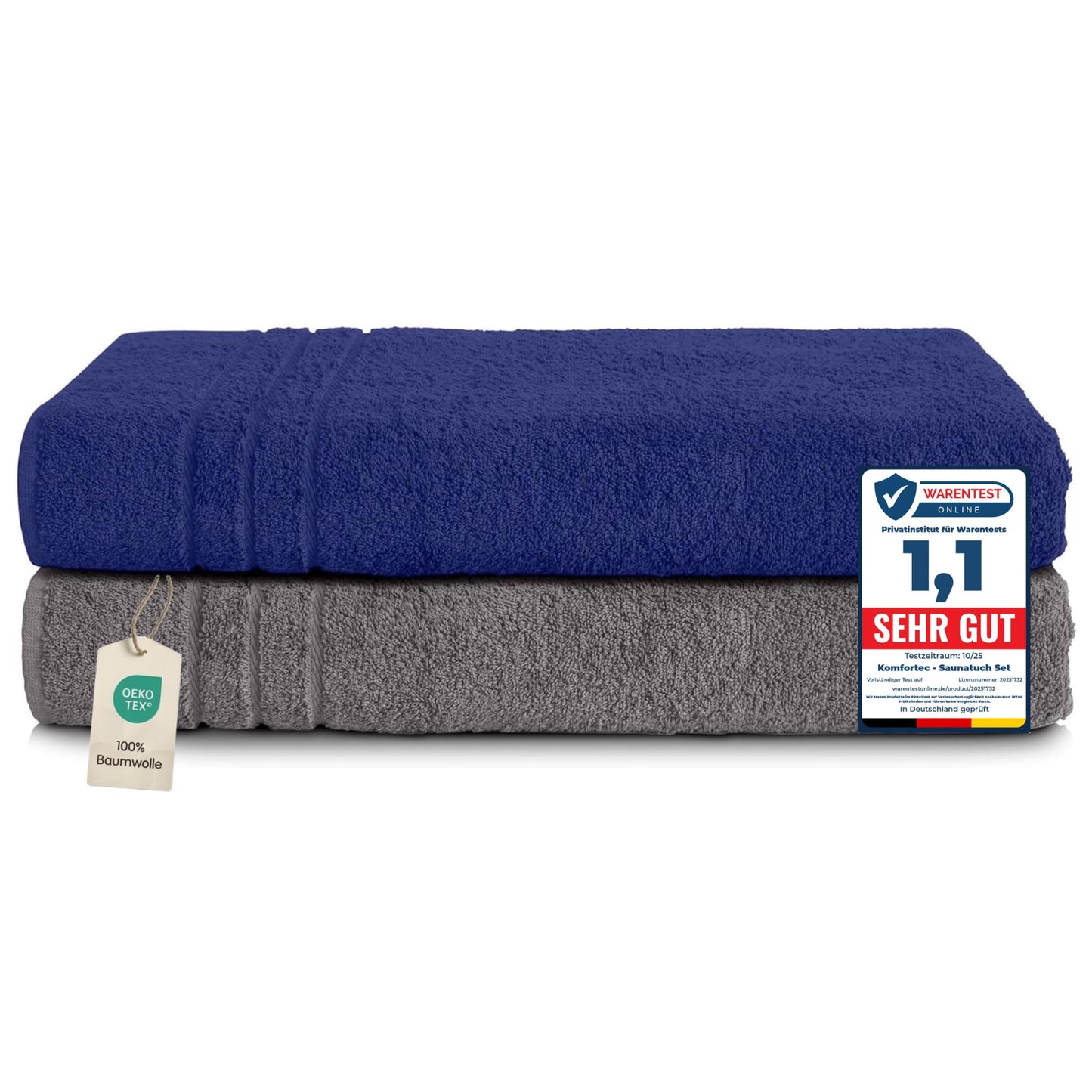 Komfortec 2 sauna towel set 80x200 cm, large sauna towels made of 100% cotton, sauna towels, fluffy and absorbent, quick-drying, anthracite/navy blue - 2er-80x200-anthrazit-navyblau