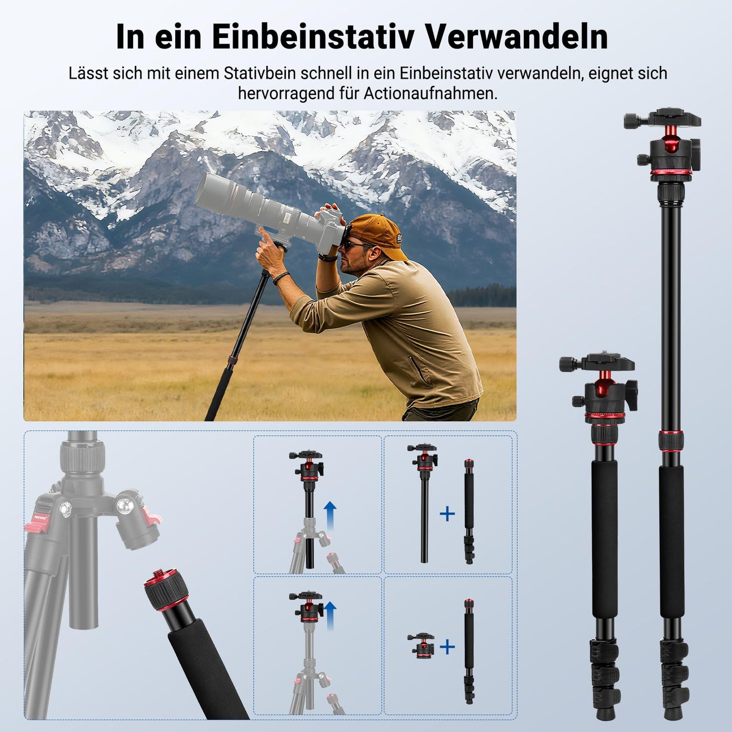 NEEWER Basics 72" / 182cm Travel Tripod Monopod Compact Lightweight Portable Camera Tripod Stand for Shooting, Arca Type Ball Head, Mobile Phone Holder Compatible with iPhone, Max. Load 8kg, TP14B