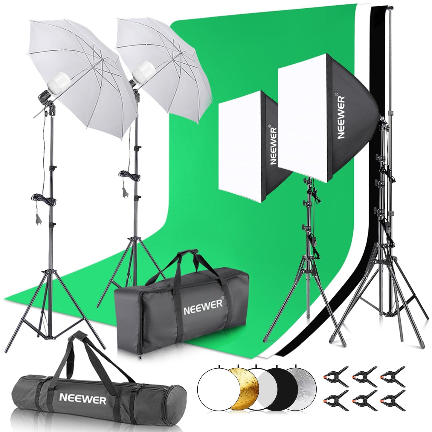 NEEWER Photography Lighting Set with Background, 8.5x10ft Background Stand, 5700K 800W Equivalent 24W LED Umbrella Softbox Continuous Light, 60cm Light Reflector, Photo Studio Equipment for Video Recording - 10104080