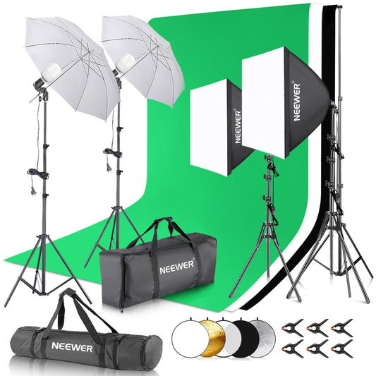 NEEWER Photography Lighting Set with Background, 8.5x10ft Background Stand, 5700K 800W Equivalent 24W LED Umbrella Softbox Continuous Light, 60cm Light Reflector, Photo Studio Equipment for Video Recording - 10104080
