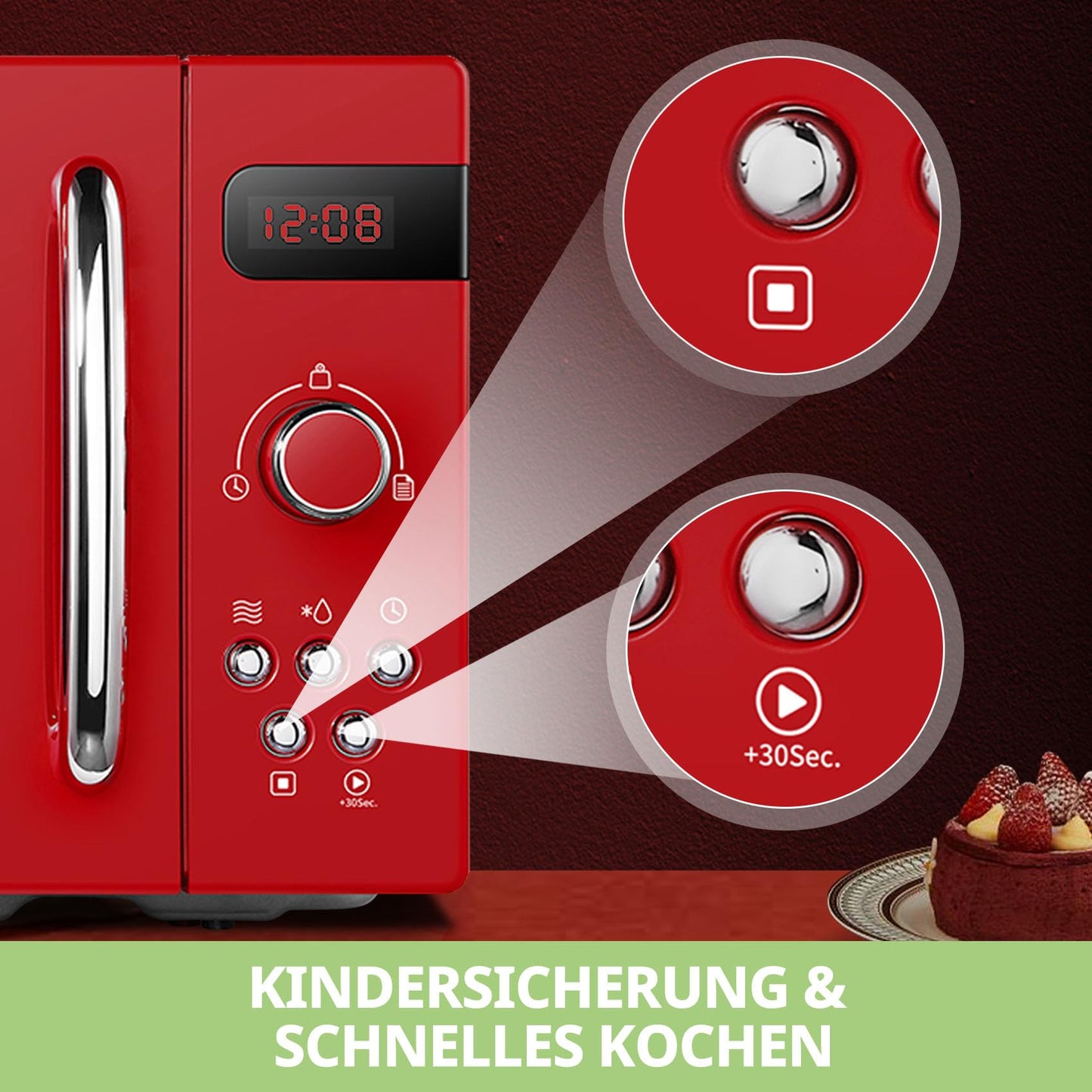 Comfee CMSRO 20 di rd retro microwave with 8 automatic menus, 5 power levels, pressure cooking button, 20 l, 800 W, passionate red