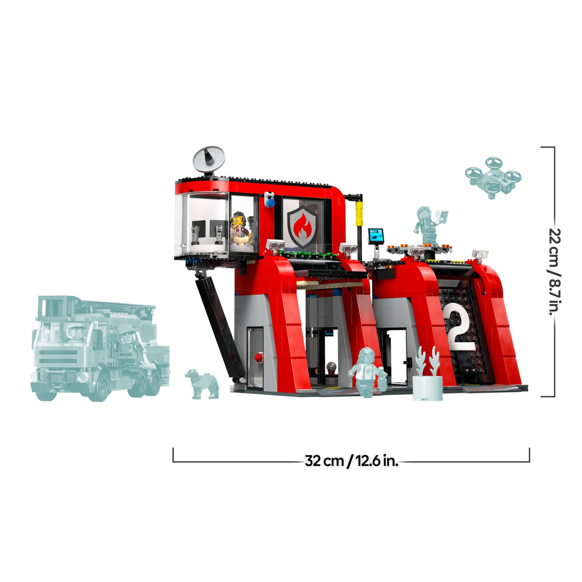 LEGO City Fire Station with Ladder Truck, fire-fighting toy set featuring a fire station and fire truck, birthday gift for children aged 6 and up, set includes a dog and 5 minifigures 60414