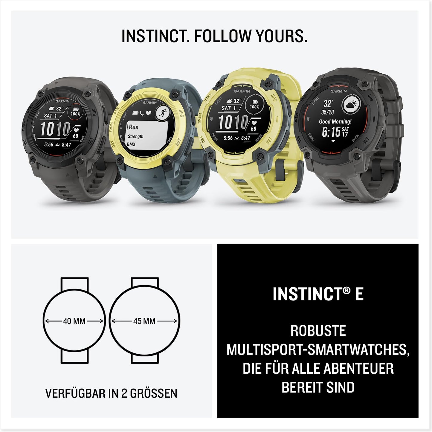 Garmin Instinct E 45mm – GPS multisport smartwatch, 0.9" display, up to 16 days battery life, 60+ sports apps, coach, multi-satellite reception, notifications - 010-02933-01