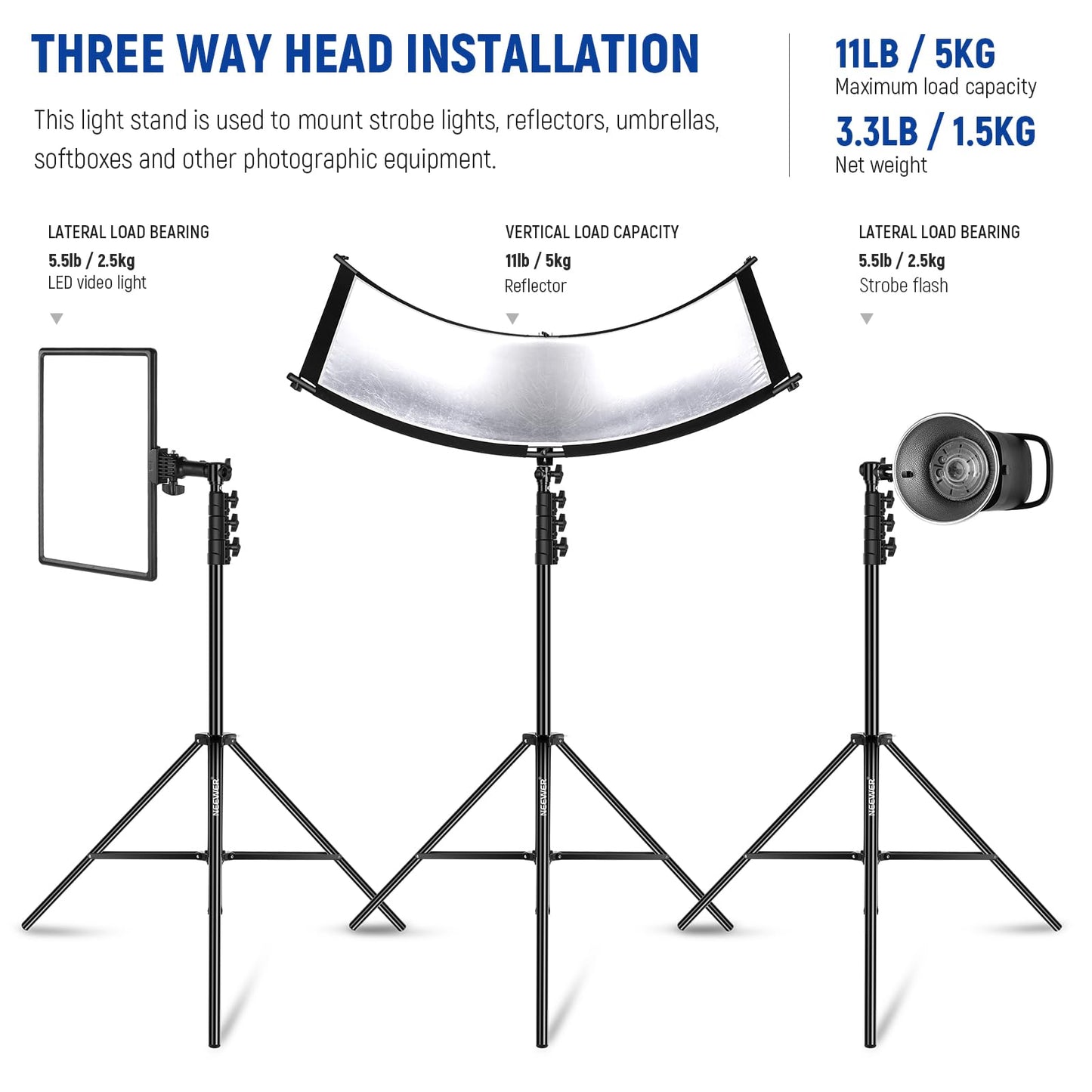 NEEWER 3m light stand, air-cushioned heavy duty metal tripod for ring light photography lamps with 1/4" to 3/8" screw adapter and 3-way interfaces, load capacity: 2.5kg, ST-300AC