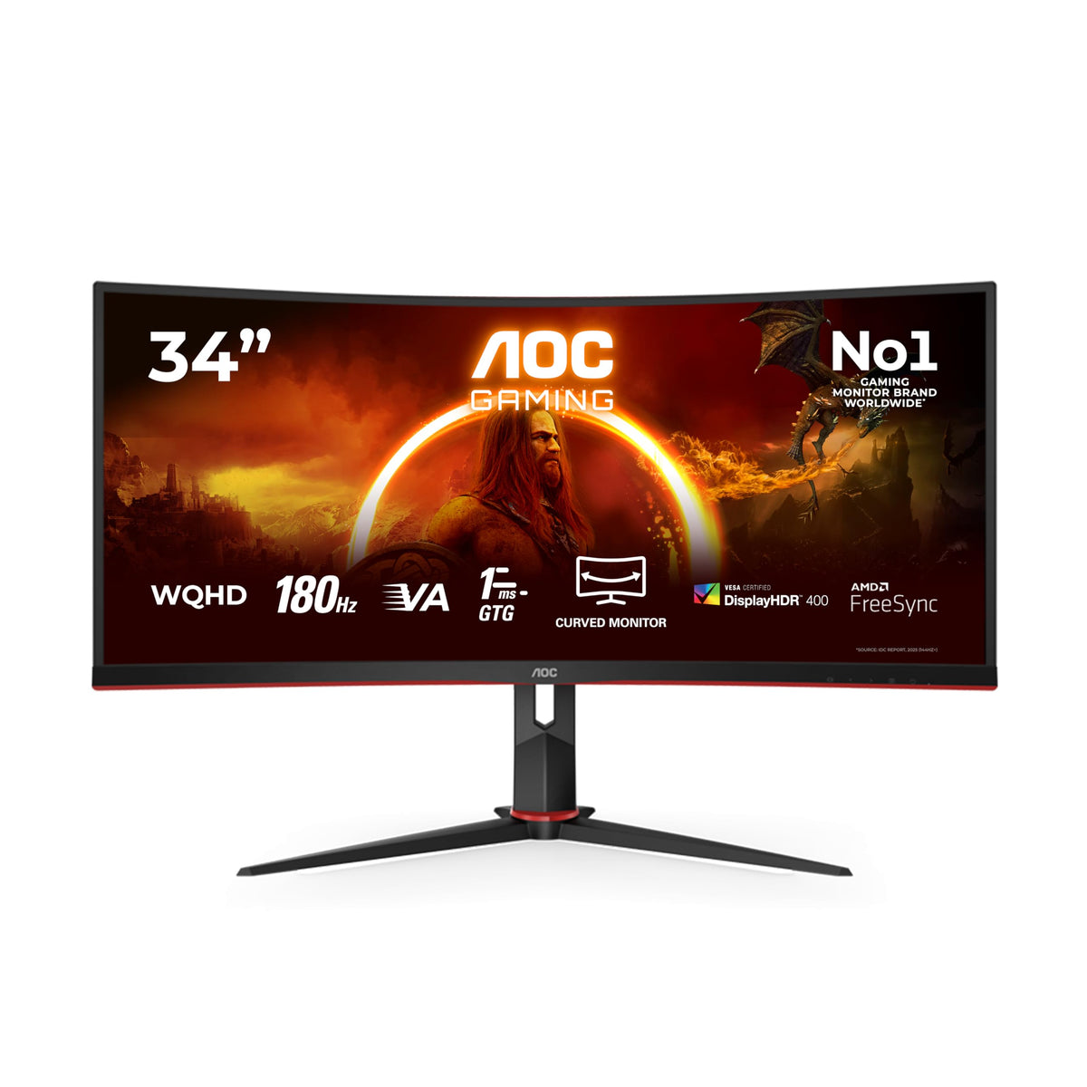 AOC Gaming CU34G2XP - Monitor curbat WQHD de 34 inch, 180 Hz, FreeSync Premium, HDR400 (3440x1440, 1ms GtG, HDMI, DisplayPort, USB Hub) negru-roșu - CU34G2XP/BK