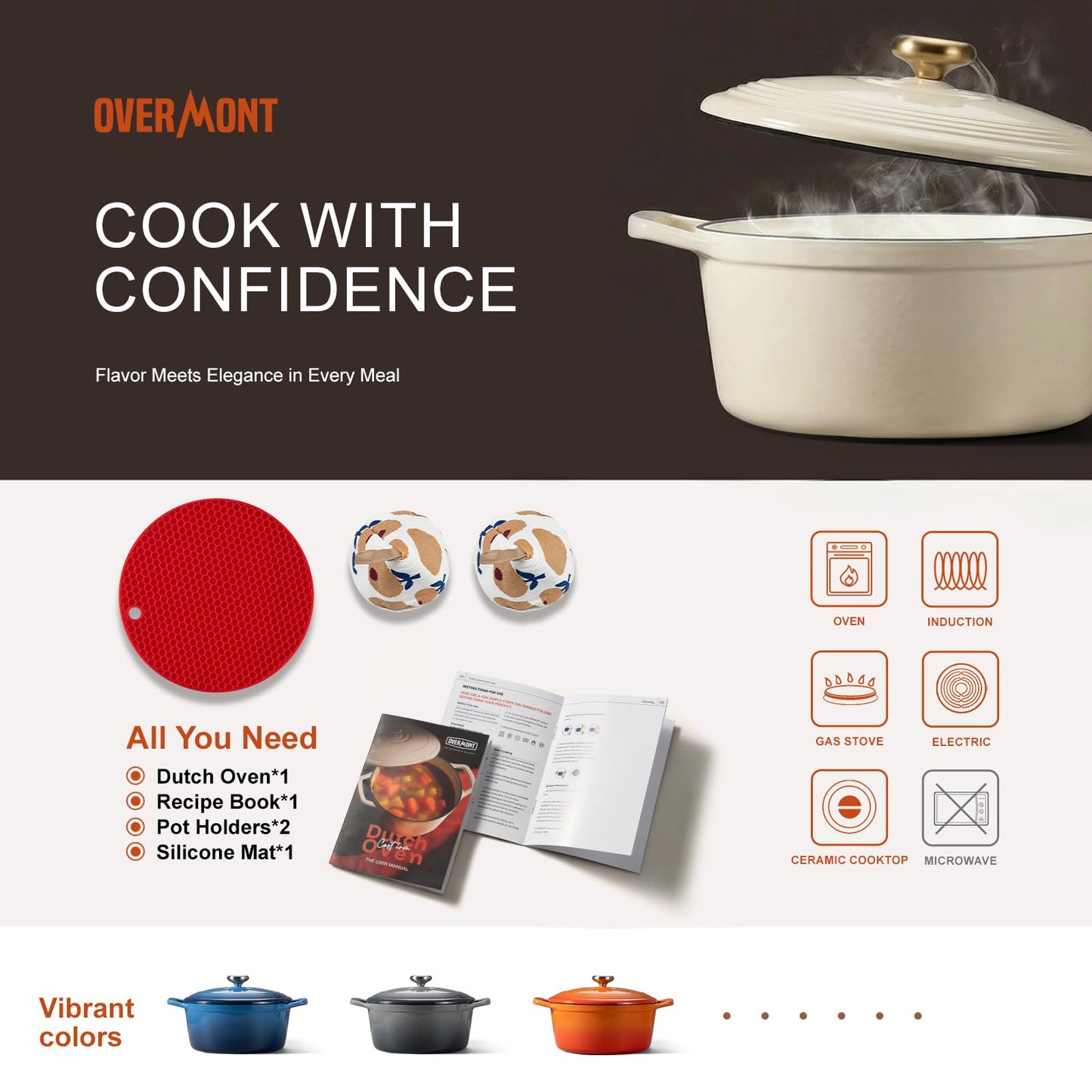 Overmont roasting pan enamel cast iron pot - casserole dish 26cm oven-safe - with lid and cookbook - for kitchen baking stewing roasting white - Dutch