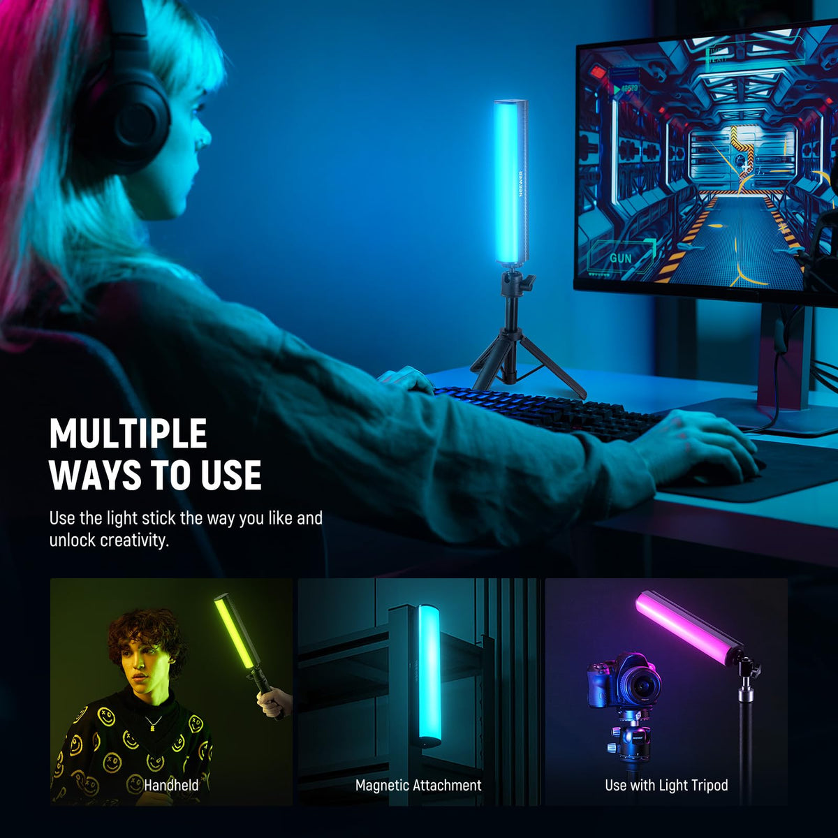 NEEWER RGB Light Stick with Table Tripod, APP controlled magnetic handheld photography video light stick, 2500K-8500K dimmable CRI95+ 17 scenes full-color LED tube bar for Vlog, 2550mAh battery TL21C