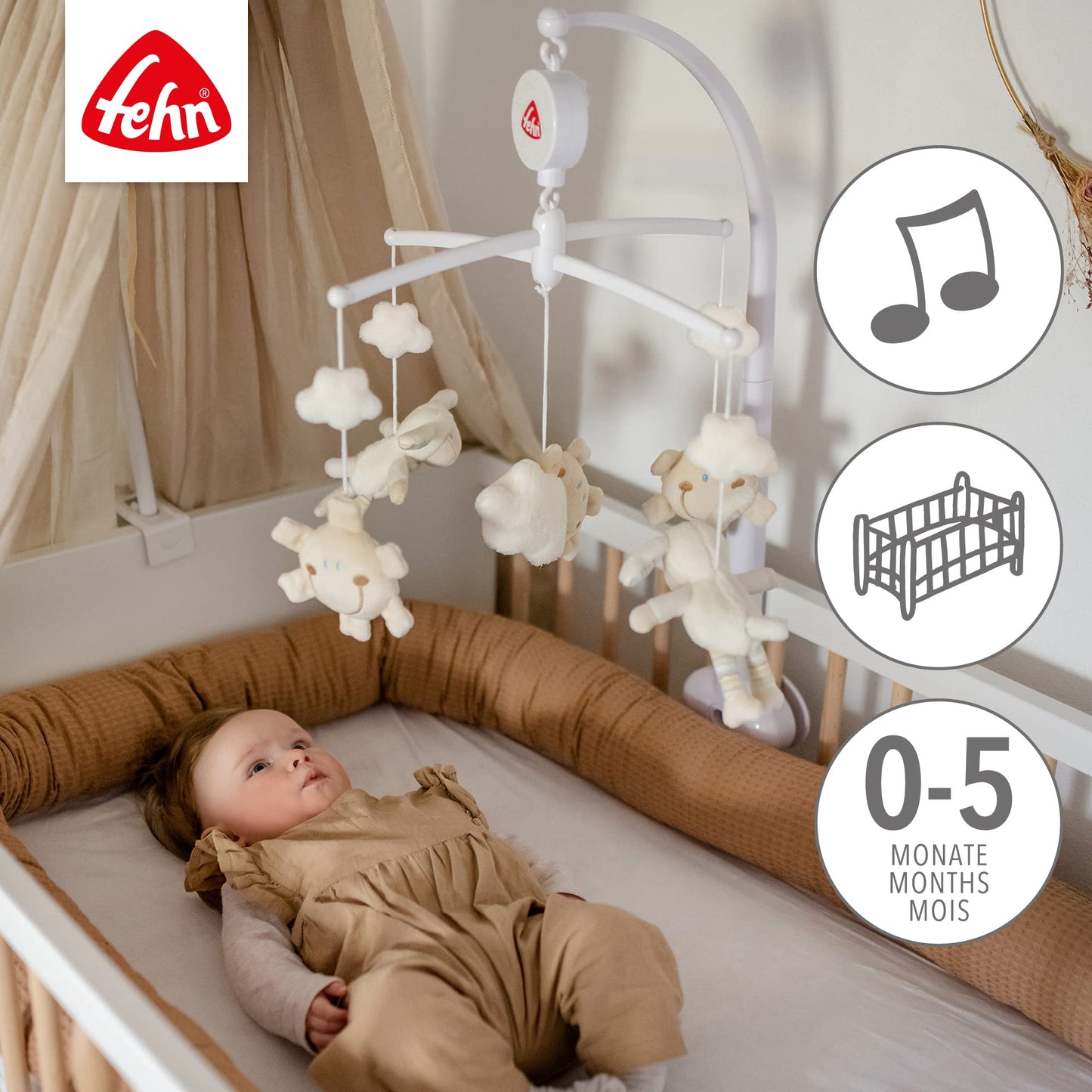 Fehn Music Mobile Sheep - Baby Sleep Aid Music Toy - Baby Mobile Music Box Melody "Sleep Child Sleep" - Music Mobile Baby Bed Accessories Toy for Babies and Newborns from 0-5 Months - 154610