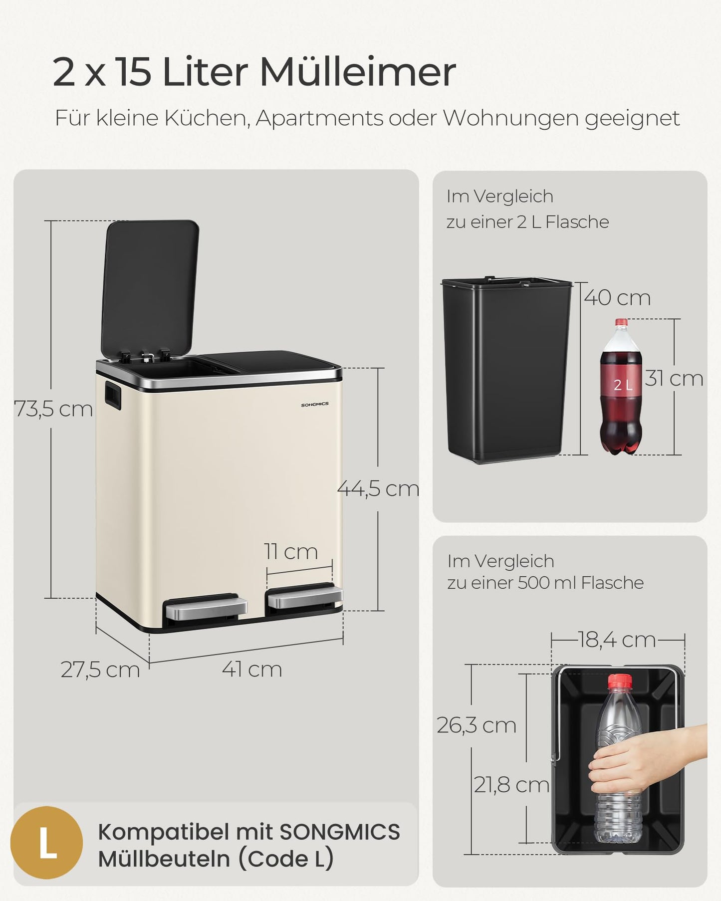 SONGMICS kitchen trash can, 2 x 15 liters, waste separation system 2 compartments, including 15 trash bags, trash can, pedal bin, recyclable waste, organic waste, soft close lid, sand beige-ink black LTB30A02 - ULTB30A02