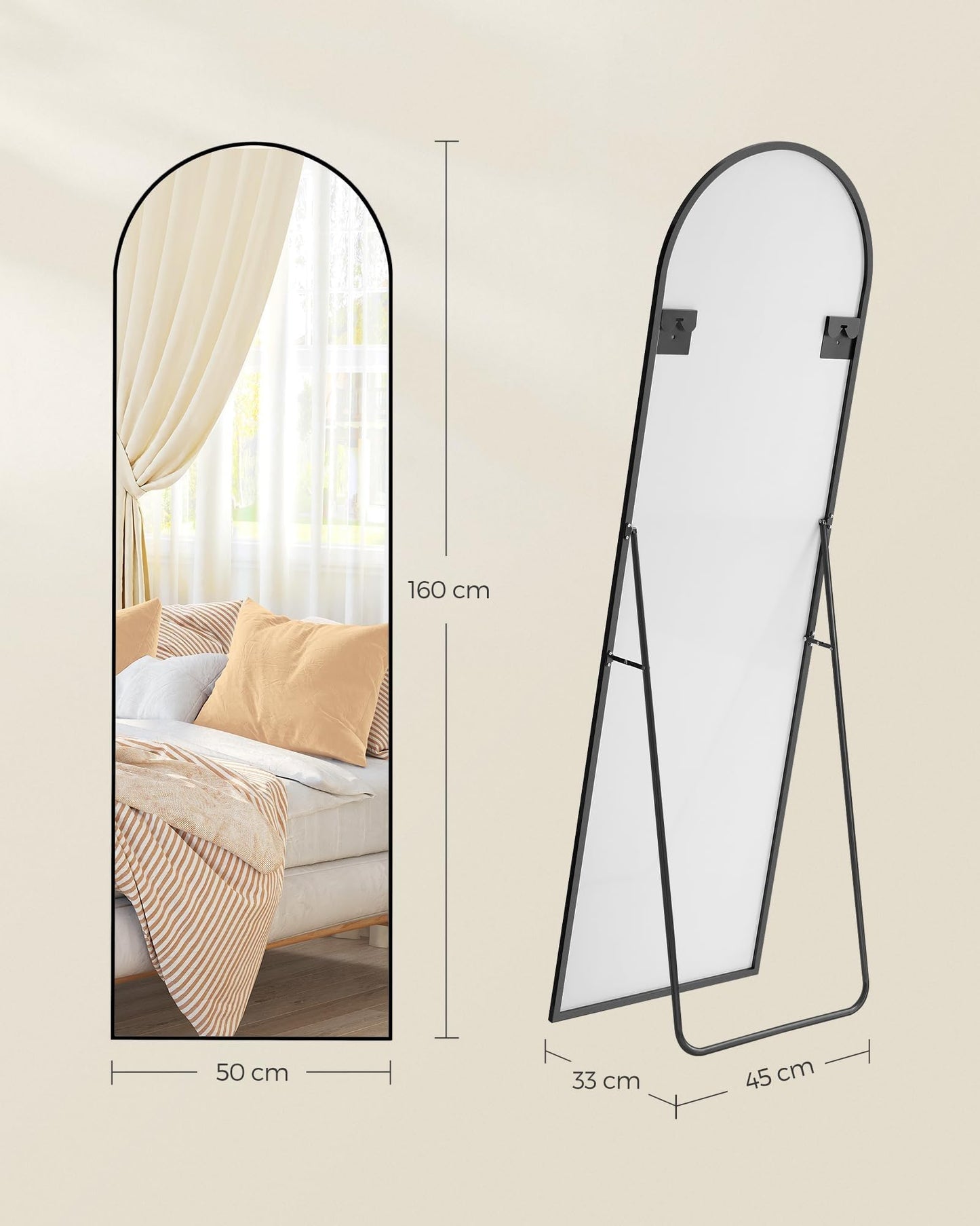SONGMICS Full Length Mirror 160x50cm Curved Standing Mirror Aluminum Alloy Frame Tempered Glass for Bedroom Living Room Cloakroom Ink Black LFM031B01