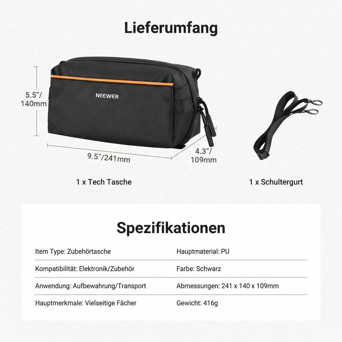 NEEWER Tech Tasche, organizator de cabluri rezistent la stropi, geantă de călătorie cu mai multe compartimente și curea de umăr pentru accesorii electronice, fotografie, carduri SD, baterii, cabluri și încărcătoare, PB024