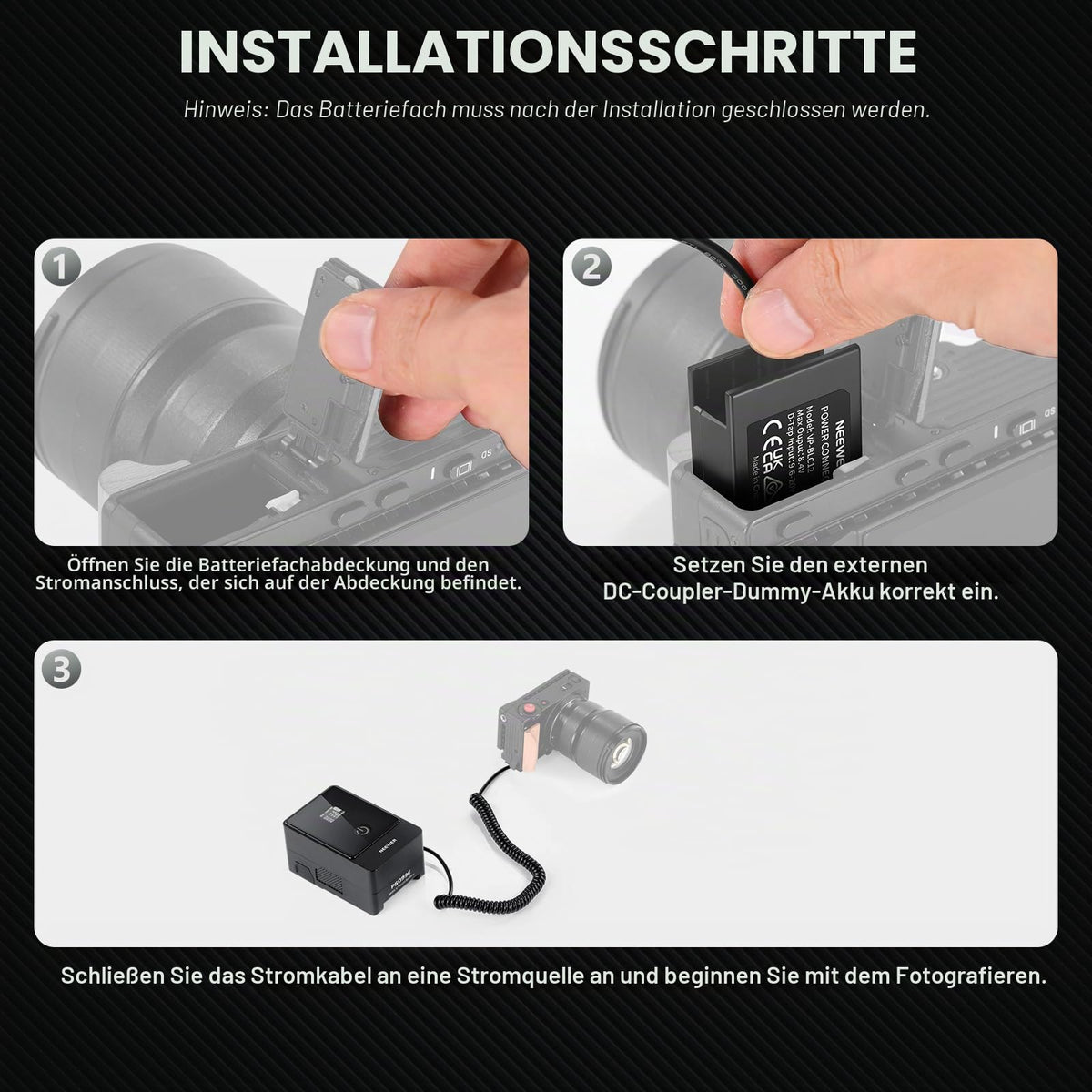 NEEWER D Tap pentru DMW-BLC12 Dummy Akku pentru baterii V Mount, compatibil cu Panasonic Lumix DMC-G7, G85, G5, FZ300, FZ2500, FZ1000, GH2, FZ200, G6, GX8, DC-Z1000 II, G95, Sigma FP, FP L, V-LUX 5, VP-BLC12