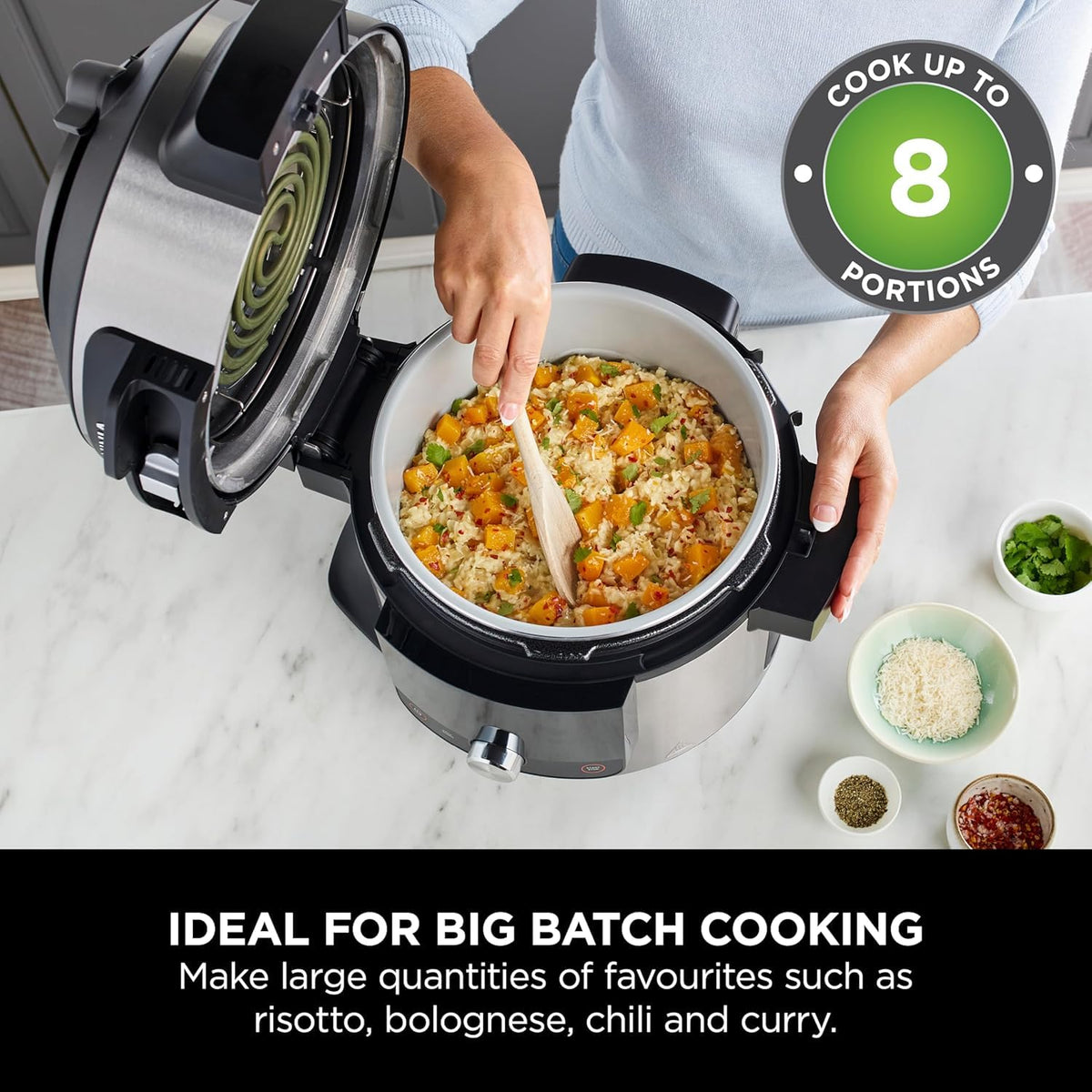 Ninja Foodi MAX Multicooker with Smart Lid, 7.5L, 14-in-1 Multicooker, Pressure Cooker, Air Fryer, Slow Cooker, digital temperature probe, stainless steel, OL750EU