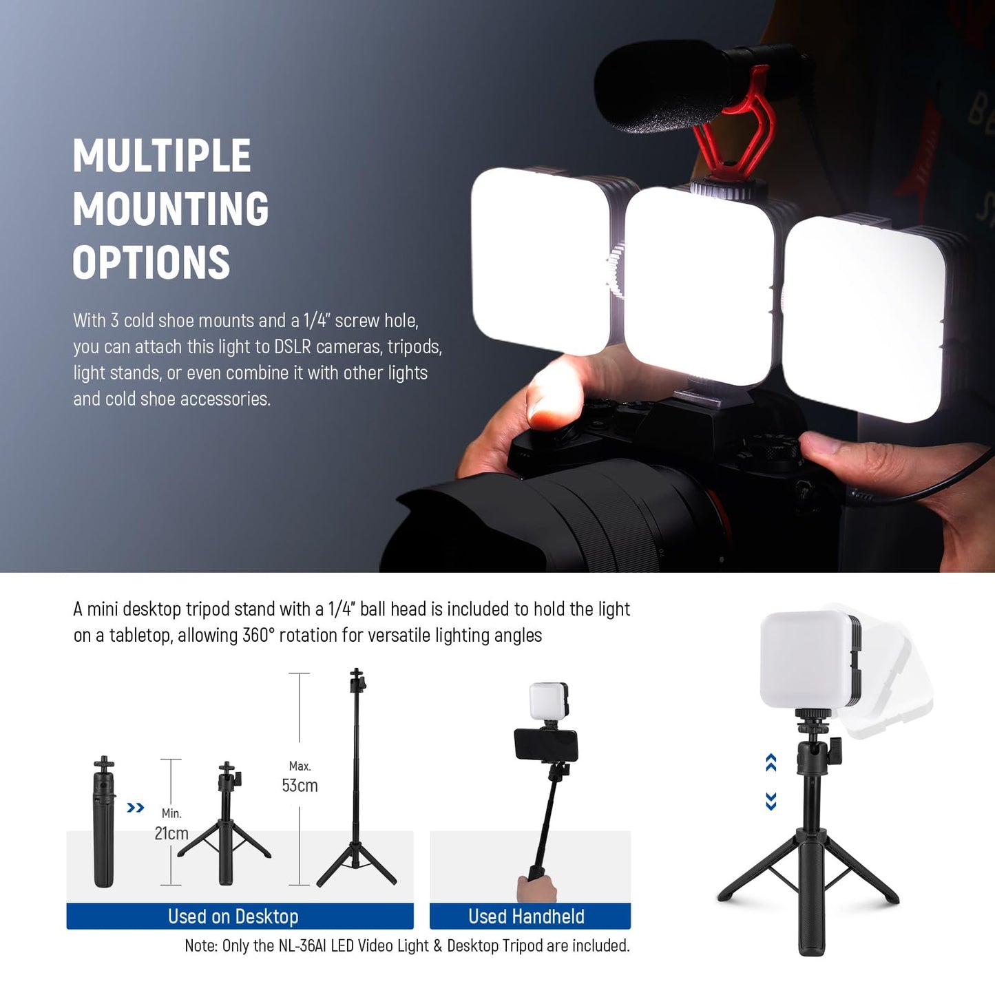 NEEWER LED camera video light with table tripod, portable two-tone 3200K-5600K dimmable small panel studio lighting, CRI 97+, 8 scenes, 2000mAh rechargeable battery for vlog recording, NL-36AI
