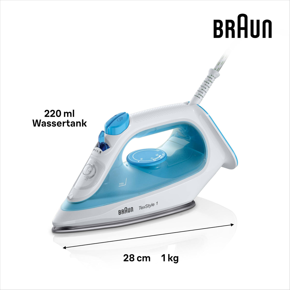 Braun TexStyle 1 Steam Iron SI 1050BL - Iron with SuperCeramic Soleplate, Vertical Steam, 2000 Watts, Blue - SI1050BL