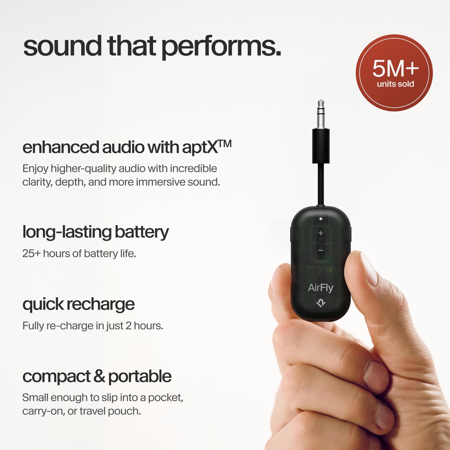AirFly Pro 2 - Bluetooth Airplane Adapter Pair 2 AirPods or Wireless Headphones - 3.5mm AUX Bluetooth Transmitter for Cars, Boats, Treadmills, TVs - Airplane Travel Essentials, Black Ice - TS-2612