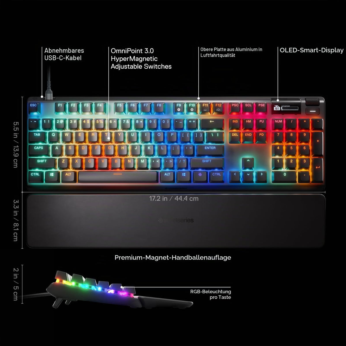 SteelSeries Apex Pro Gen 3 - Gaming Keyboard - Hall Effect Switches; OmniPoint 3.0 - Adjustable Actuation - Game-Ready Presets - Rapid Trigger, Protection Mode, Rapid Tap/SOCD - American QWERTY - 64660