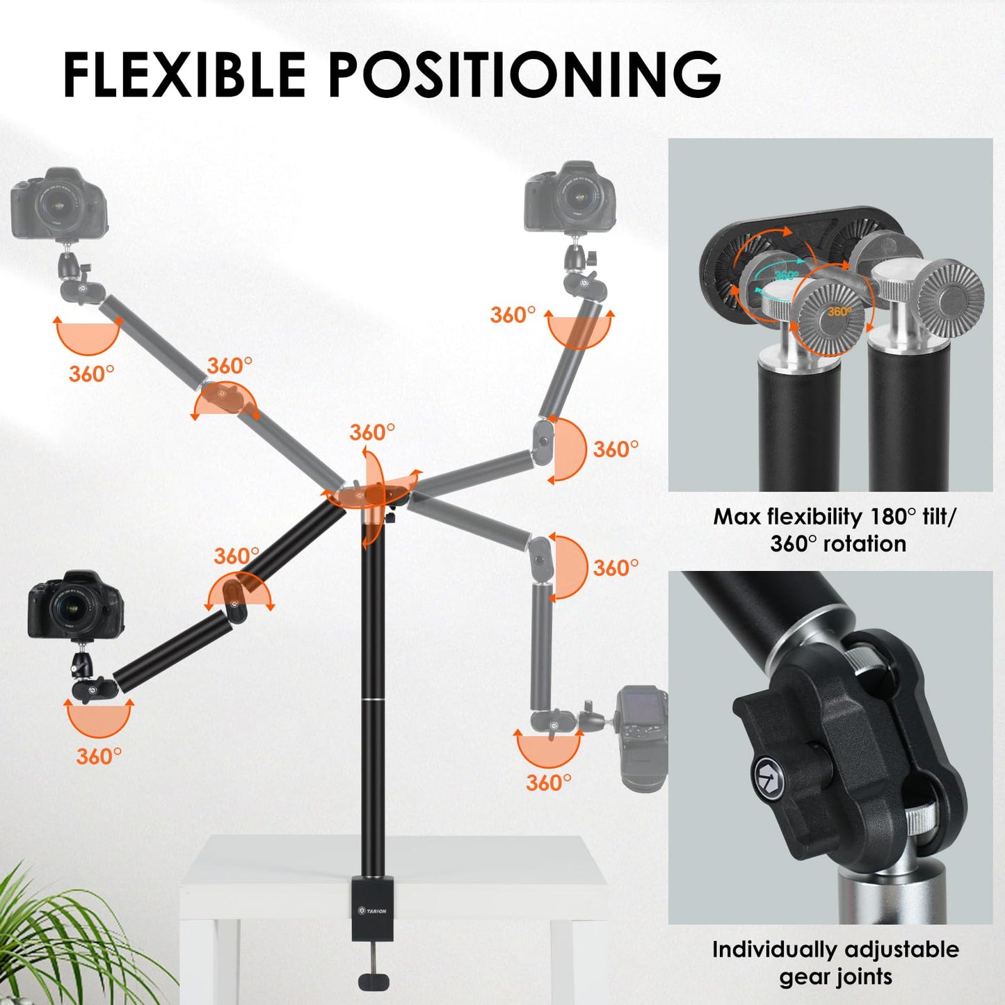 TARION Overhead Tripod Camera Table Tripod: Clamp Tripod Flexible Articulated Arm Table Mount with 1/4 Inch Screw for DSLR Cameras Ring Light Projector (L(TKA01, Improved Version)) - TKA01-L_Upgraded
