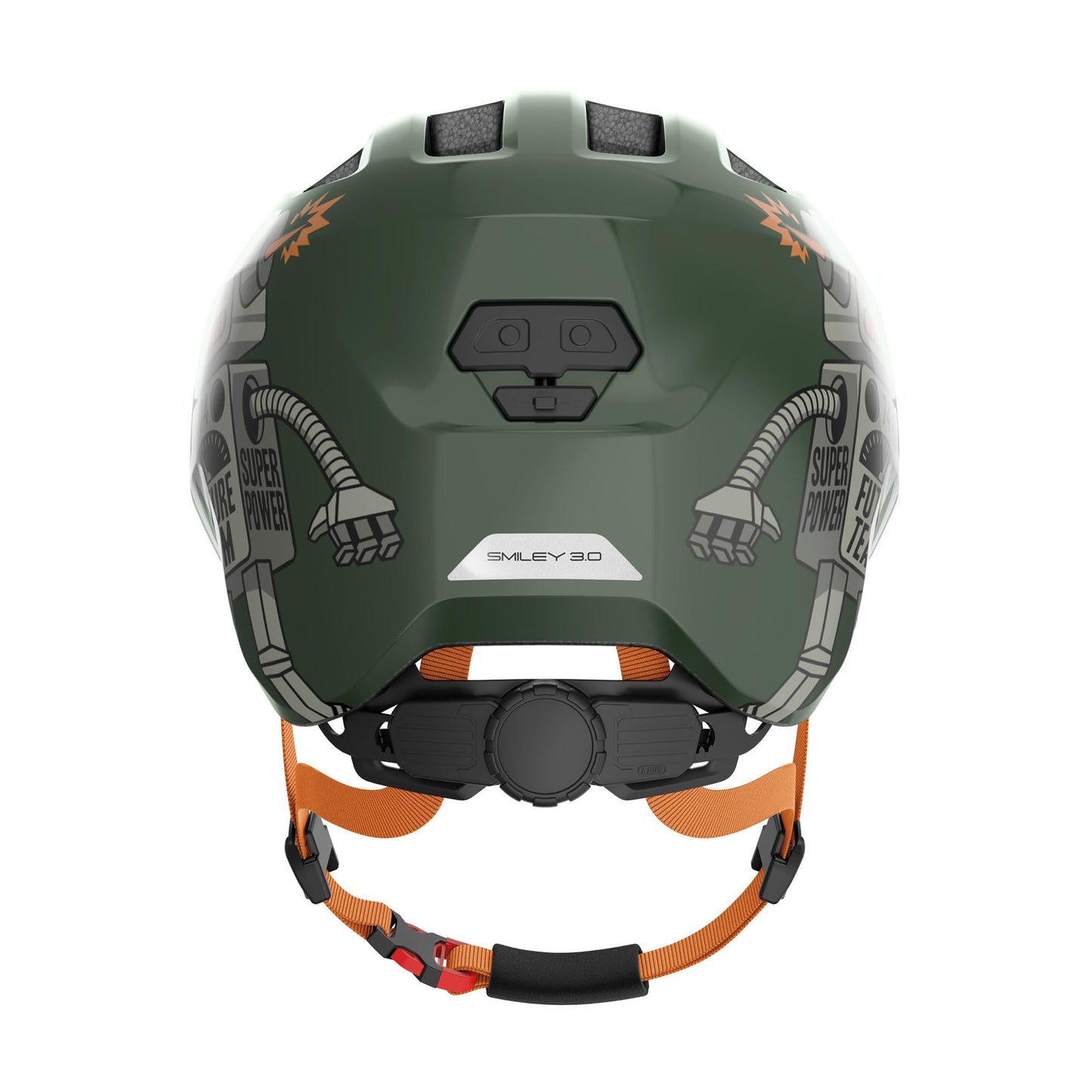 ABUS children's helmet Smiley 3.0 - bicycle helmet with a deep fit, child-friendly designs & space for a braid - for girls and boys - green with robot pattern, size S - 67267