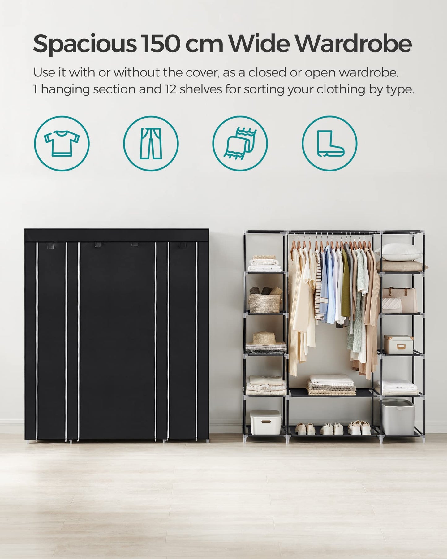 SONGMICS wardrobe, fabric cabinet, with clothes rail and shelves, fabric cover, for bedroom, dressing room, 150 x 45 x 175 cm, black LSF03H