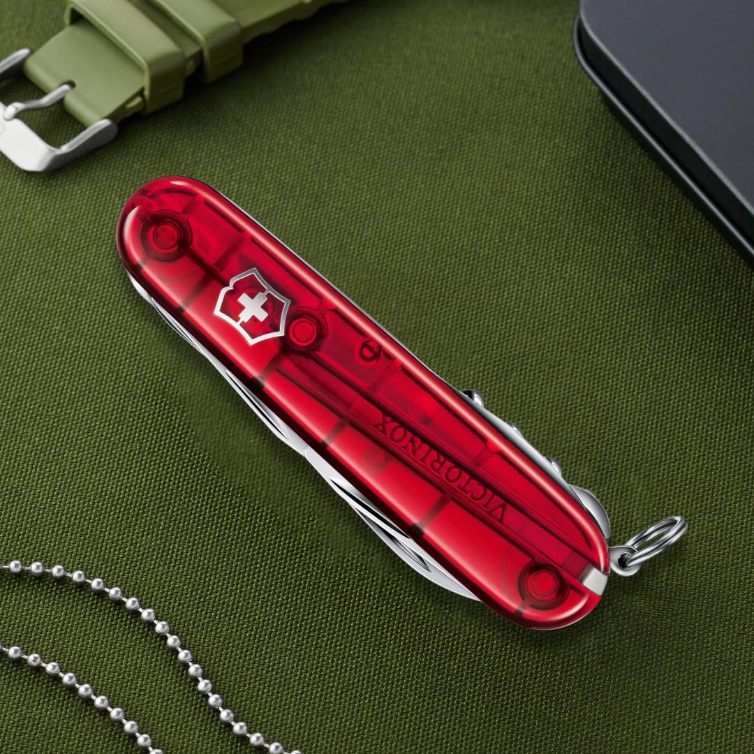Victorinox Swiss Army Knife Huntsman, Multitool, Swiss Army Knife with 15 functions, blade, corkscrew, can opener, folding box, red transparent - 1.3713.T