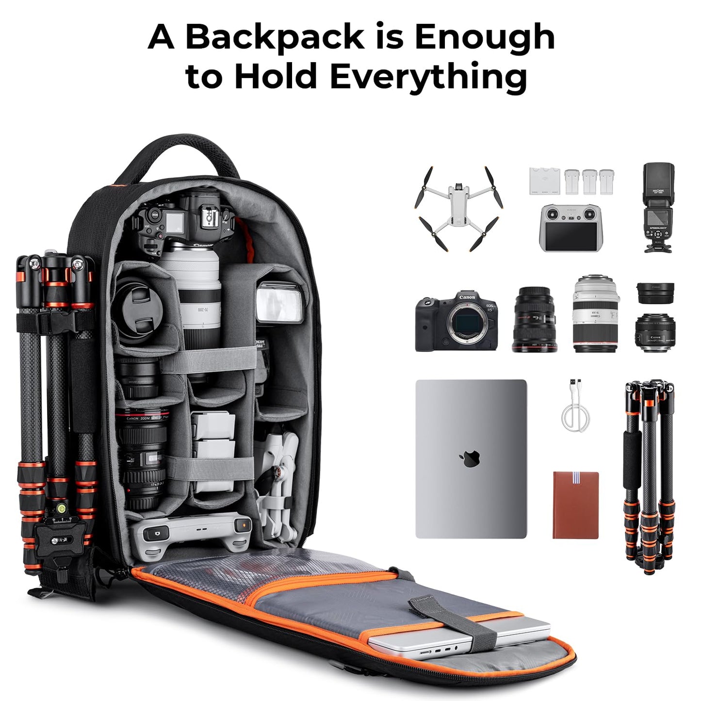 K&F CONCEPT Photo Backpack Waterproof Camera Bag Camera Backpack with Laptop Compartment Compatible with Canon Sony Nikon Olympus SLR/DSLR Camera, Lens and Accessories, Size M (Black+Orange) - KF13.140