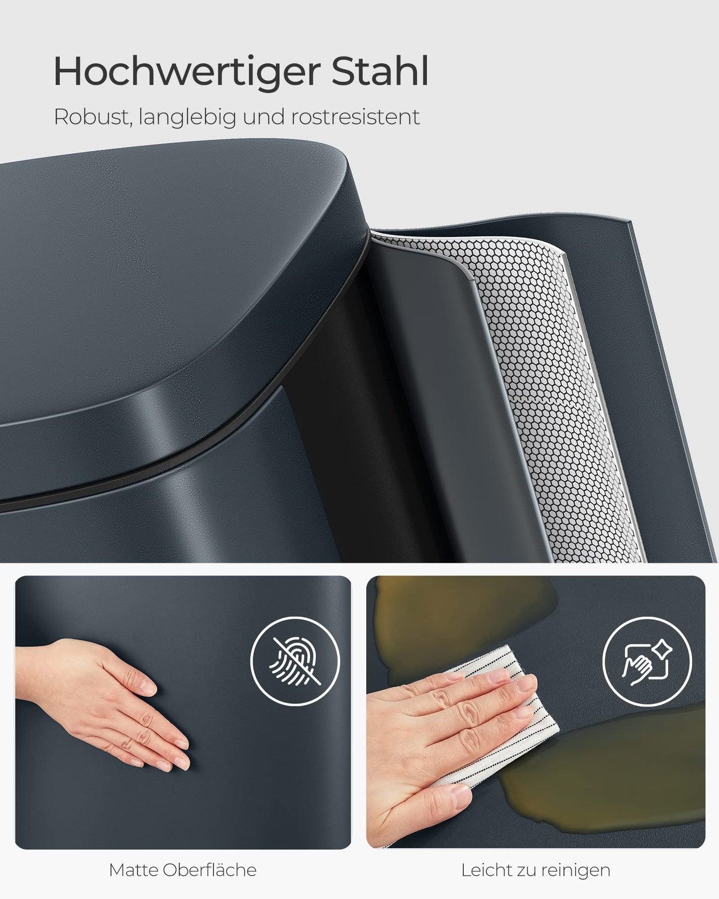 SONGMICS kitchen rubbish bin, 30 liters, waste bin, pedal bin, with lid, soft close, foot pedal, steel, inner bin, green-gray LTB03GS