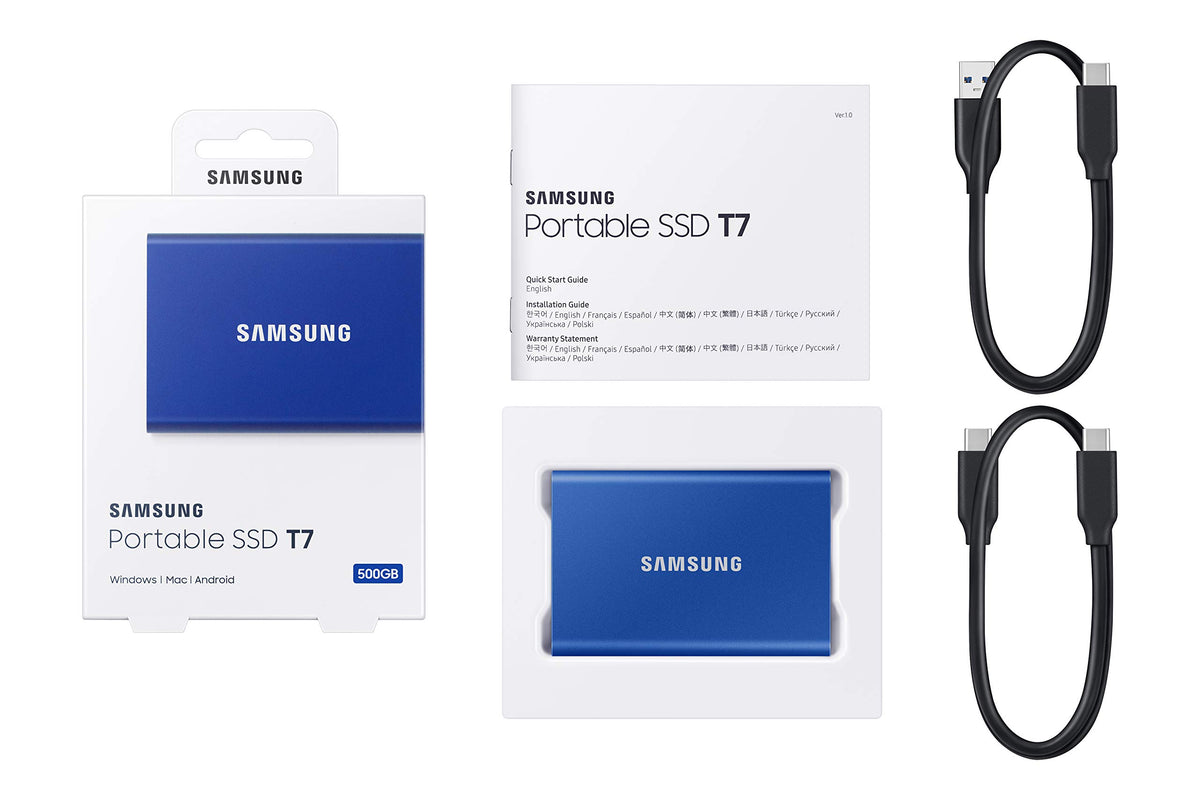 Samsung Portable SSD T7, 500 GB, USB 3.2 Gen.2, 1,050 MB/s read speed, 1,000 MB/s write speed, external SSD for Mac, PC, smartphone, and gaming console, Indigo Blue, MU-PC500H/WW