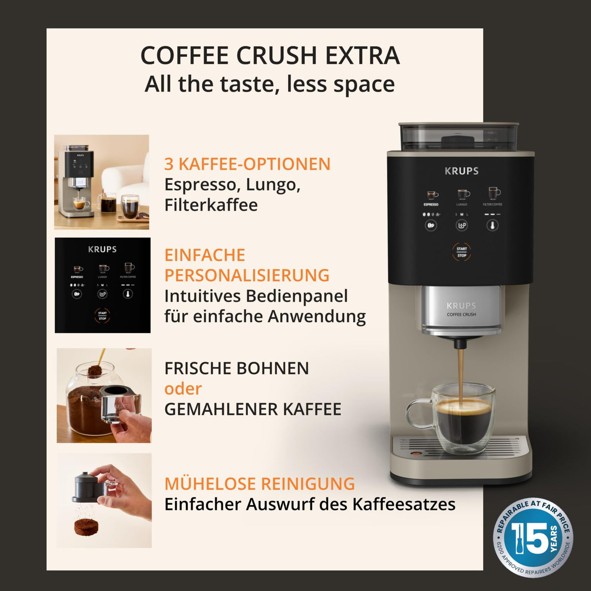 KRUPS Coffee Crush Extra Coffee Machine, only 15 cm wide, Beige - SA402AE0