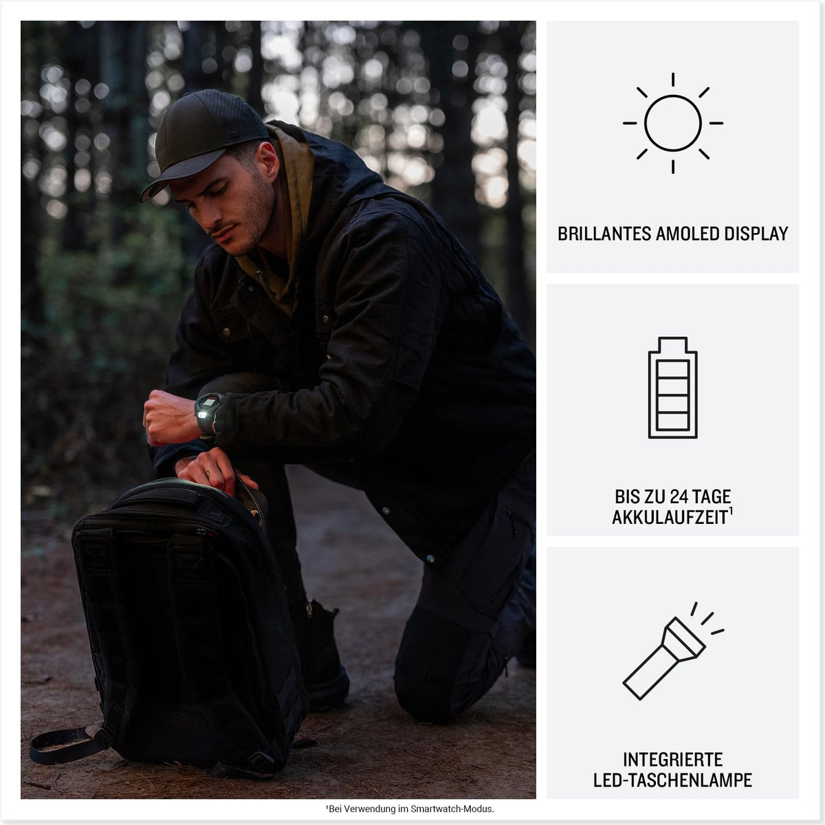 Garmin Instinct 3 Tactical 50mm AMOLED – Ceas inteligent GPS pentru multisport, display AMOLED de 1,3", autonomie a bateriei de până la 24 de zile, peste 80 de aplicații sportive, funcții tactice, recepție multi-satelit, lanternă LED - 010-03020-50