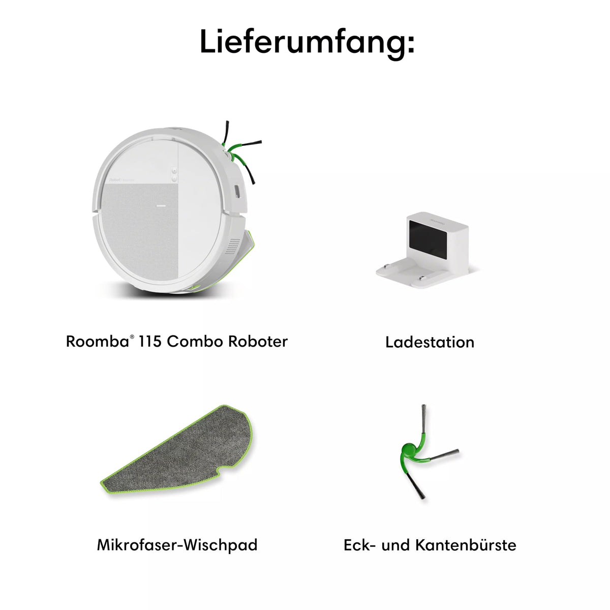 iRobot Roomba® 115 Combo Robot de aspirare și mop, putere de aspirație de 15k Pa, perii și pad de ștergere incluse, navigație cu Clearview™ LiDAR, Alb - Y414240