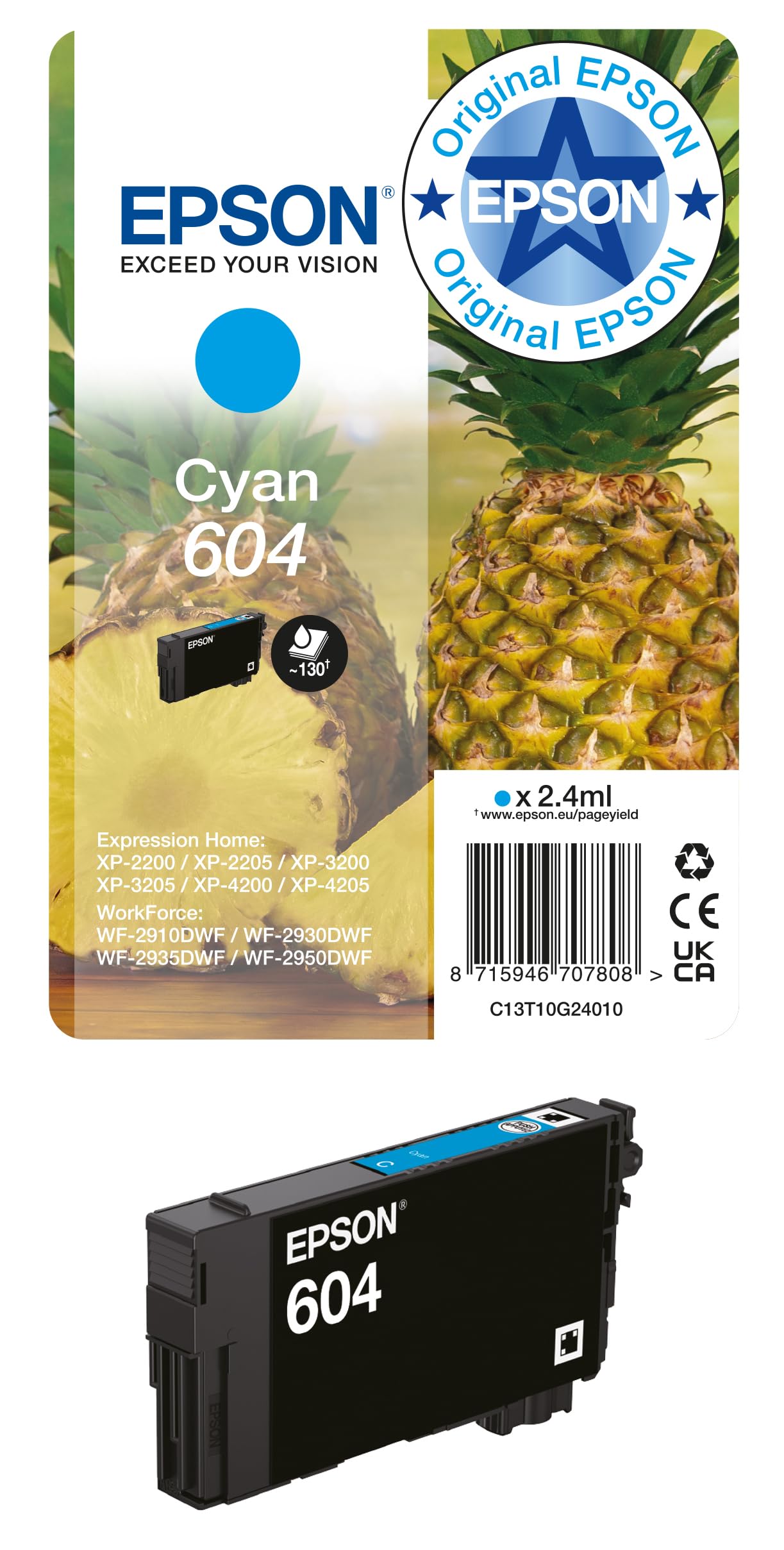 Epson Original 604 Ink Pineapple Single Pack Cyan Standard, XP-2200 XP-2205 XP-3200 XP-4205 WF2910DWF WF2930DWF WF2950DWF, ReadyPrint Flex ink tariffs - C13T10G24010