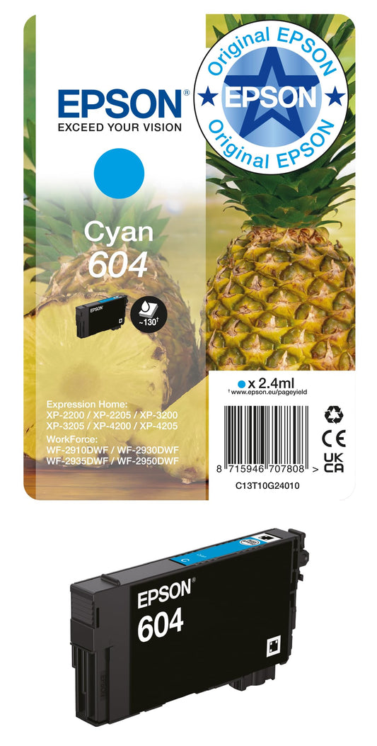 Epson Original 604 Ink Pineapple Single Pack Cyan Standard, XP-2200 XP-2205 XP-3200 XP-4205 WF2910DWF WF2930DWF WF2950DWF, ReadyPrint Flex ink tariffs - C13T10G24010