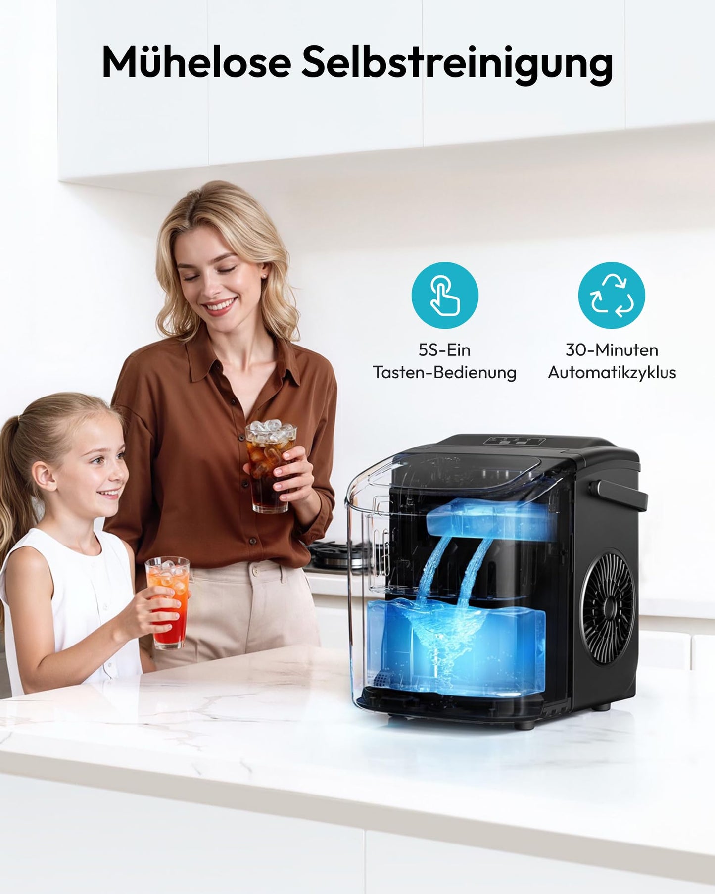 EUHOMY Small Ice Cube Machine, 12KG Ice Cube Maker, 9 Cubes Ready in 6 Minutes, Black Ice Cube Machine with Portable Handle, 12KG/24H, Self-Cleaning Ice Cube Machine - DE-IM06D-02-AZ-HM