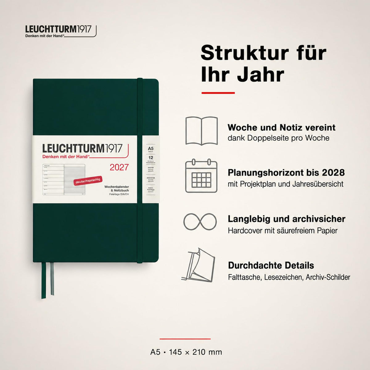 LEUCHTTURM1917 Calendar săptămânal 2027 Mediu (A5) cu caiet - Planificator de întâlniri german, verde pădure, ianuarie-decembrie 2027, Prezentare generală săptămânală în stânga + Pagina de note în dreapta - 400054