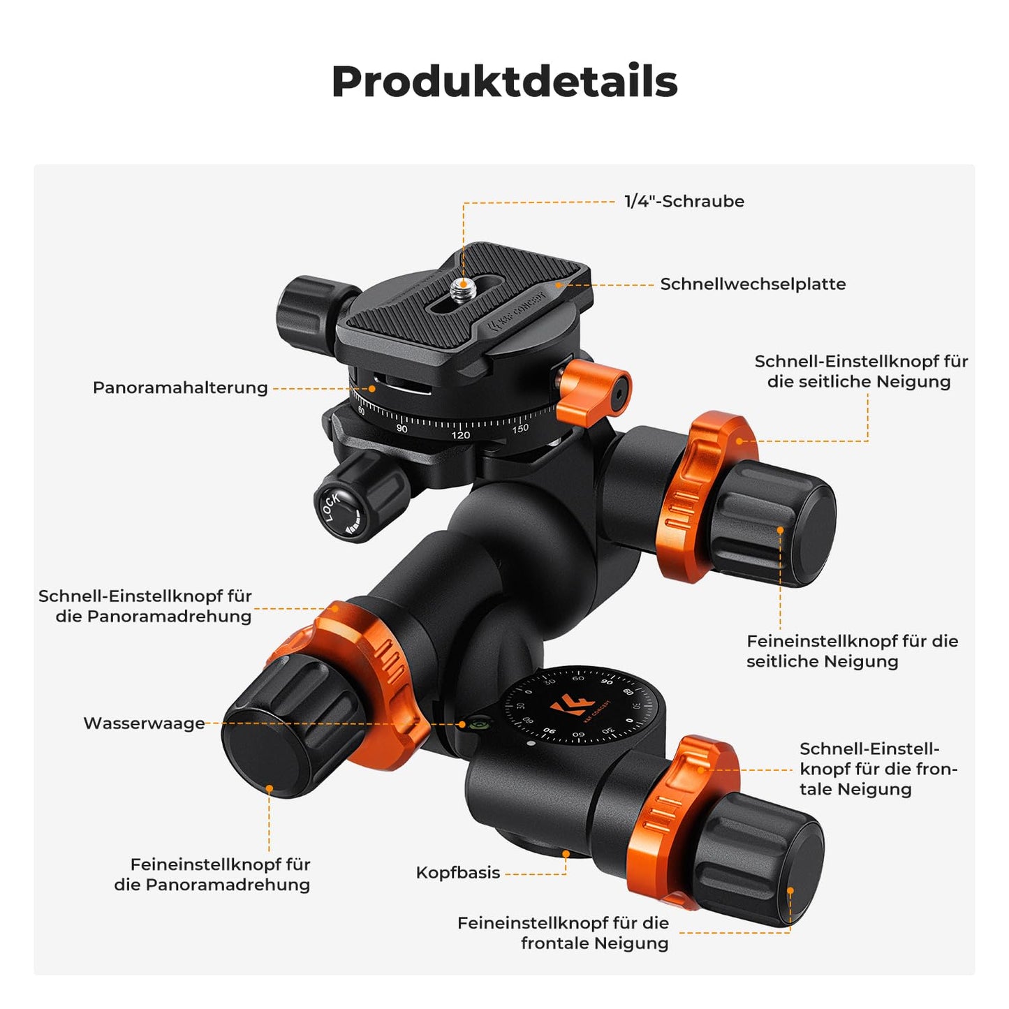 K&F CONCEPT 3-way tilt tripod head with panoramic clamp - GD-3W