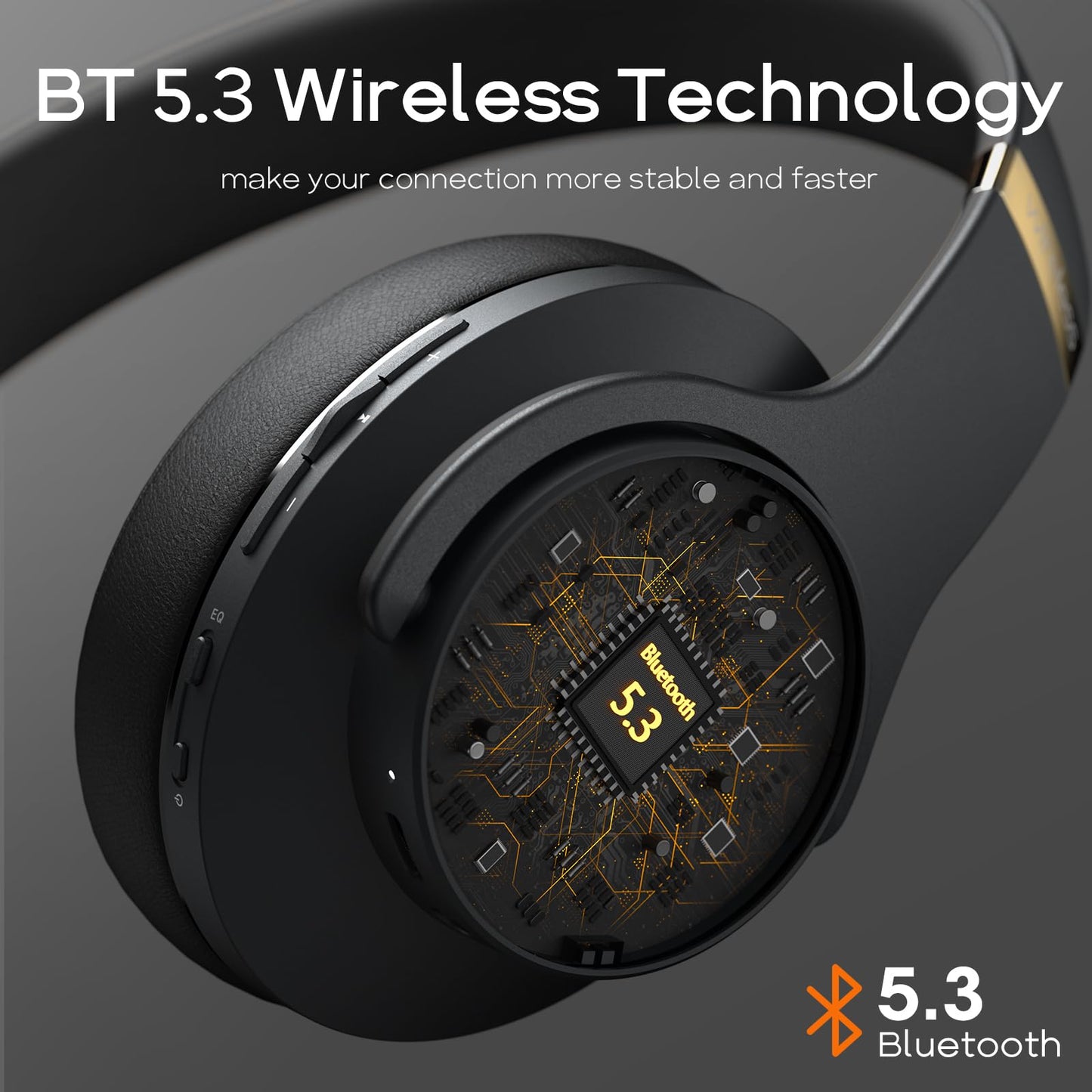 DOQAUS Wireless Bluetooth Headphones, Up to 90 Hours HiFi Stereo Headphones Over Ear with 3 EQ Modes, Bluetooth Headset with Microphone & Soft Ear Pads for Travel/Office/Mobile Phone/PC Black & Gold - Care1