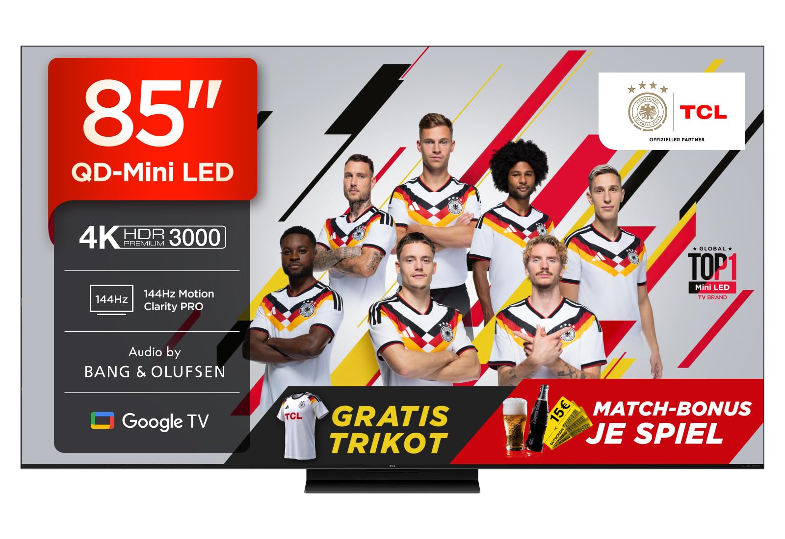 TCL 85C7K 85 inch QD-Mini LED TV, 4K HDR Premium 3000, Smart Google TV with 144Hz Motion Clarity Pro (Dolby Vision IQ & Atmos, CrystGlow HVA Panel, Audio from Bang & Olufsen, Game Master)