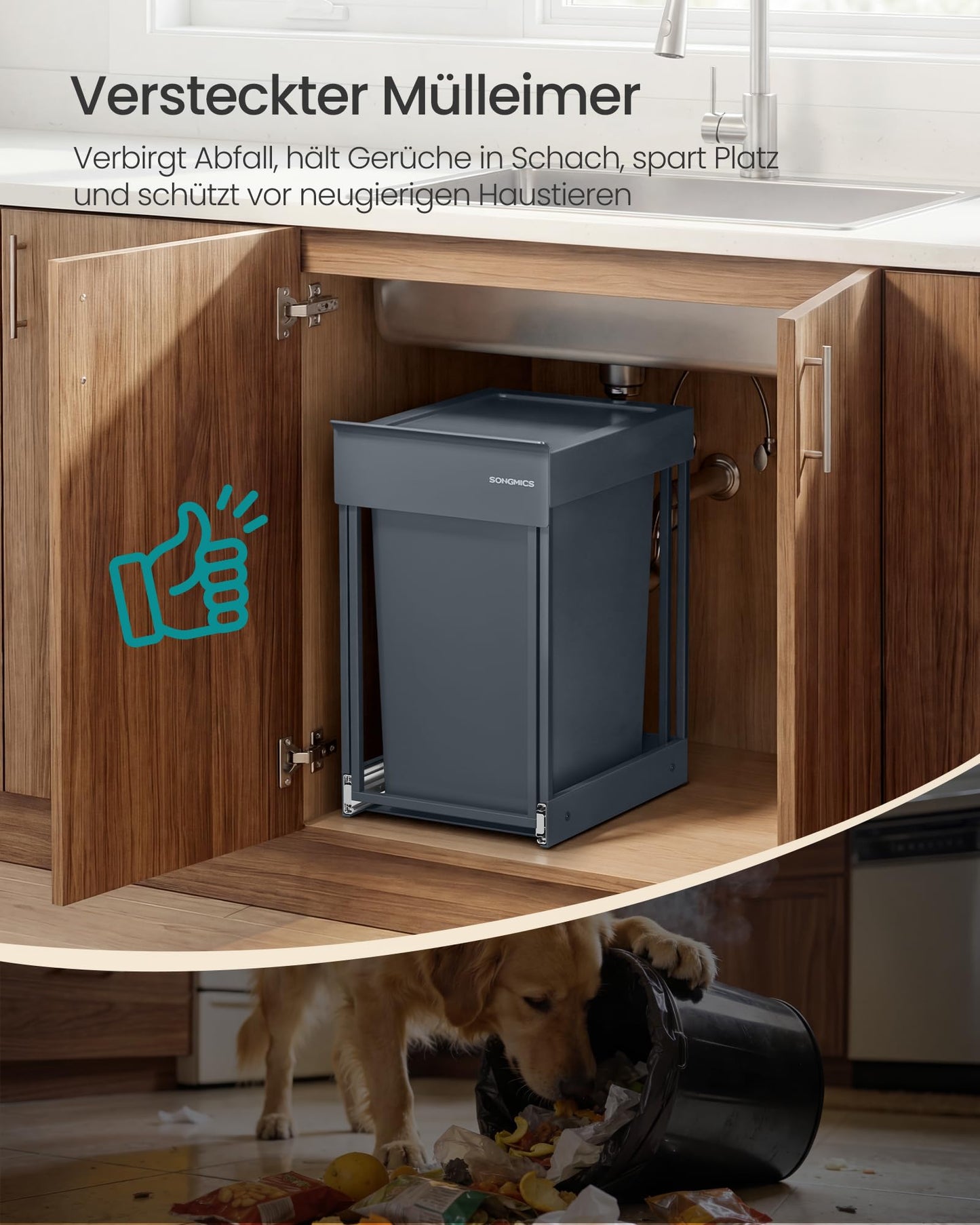SONGMICS Kitchen trash can, for base cabinet, 1 x 20 L, extendable waste bin, steel frame, ABS lid, gray LTB920GZ01