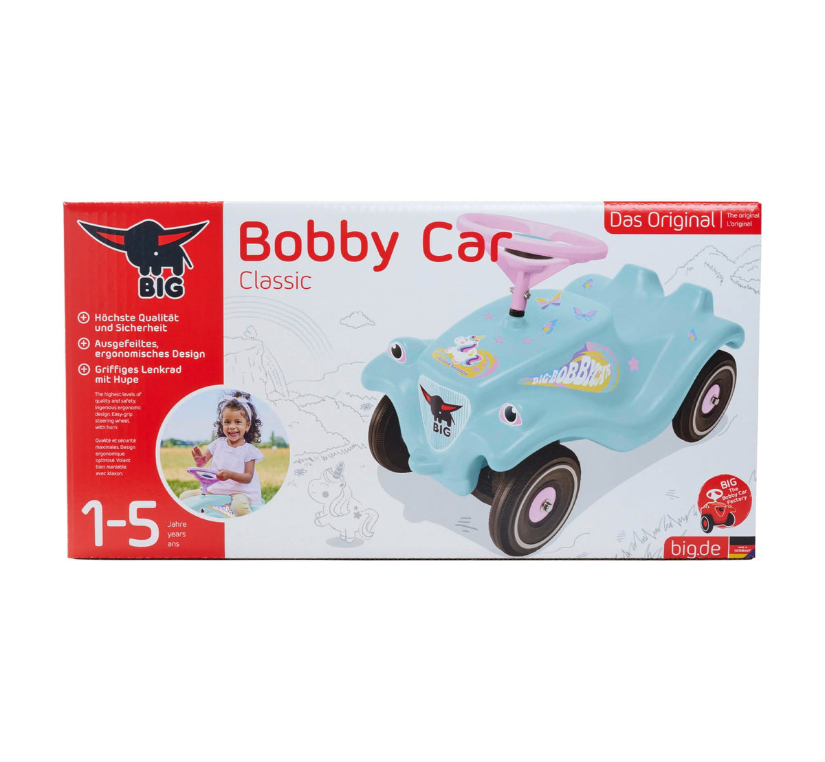 BIG-Bobby-Car-Classic Unicorn - Children's vehicle with unicorn design stickers, suitable for boys and girls, load capacity up to 50 kg, ride-on toy for kids aged 1 and up, Light Blue - 800056138