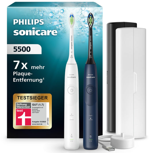 Philips Sonicare 5500 electric toothbrush, sonic toothbrush with 2 cleaning modes, pressure control, EasyStart, SmartTimer, and BrushPacer, white and navy, 2-pack, model HX7119/01 [New Technology]