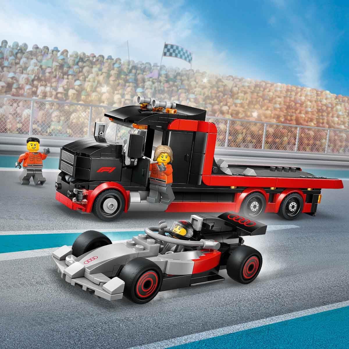 LEGO City F1 Truck with Audi F1 racing car - toy model building with 3 minifigures and vehicle lifting function - gift idea for boys aged 7 and up and motorsport fans - 60493