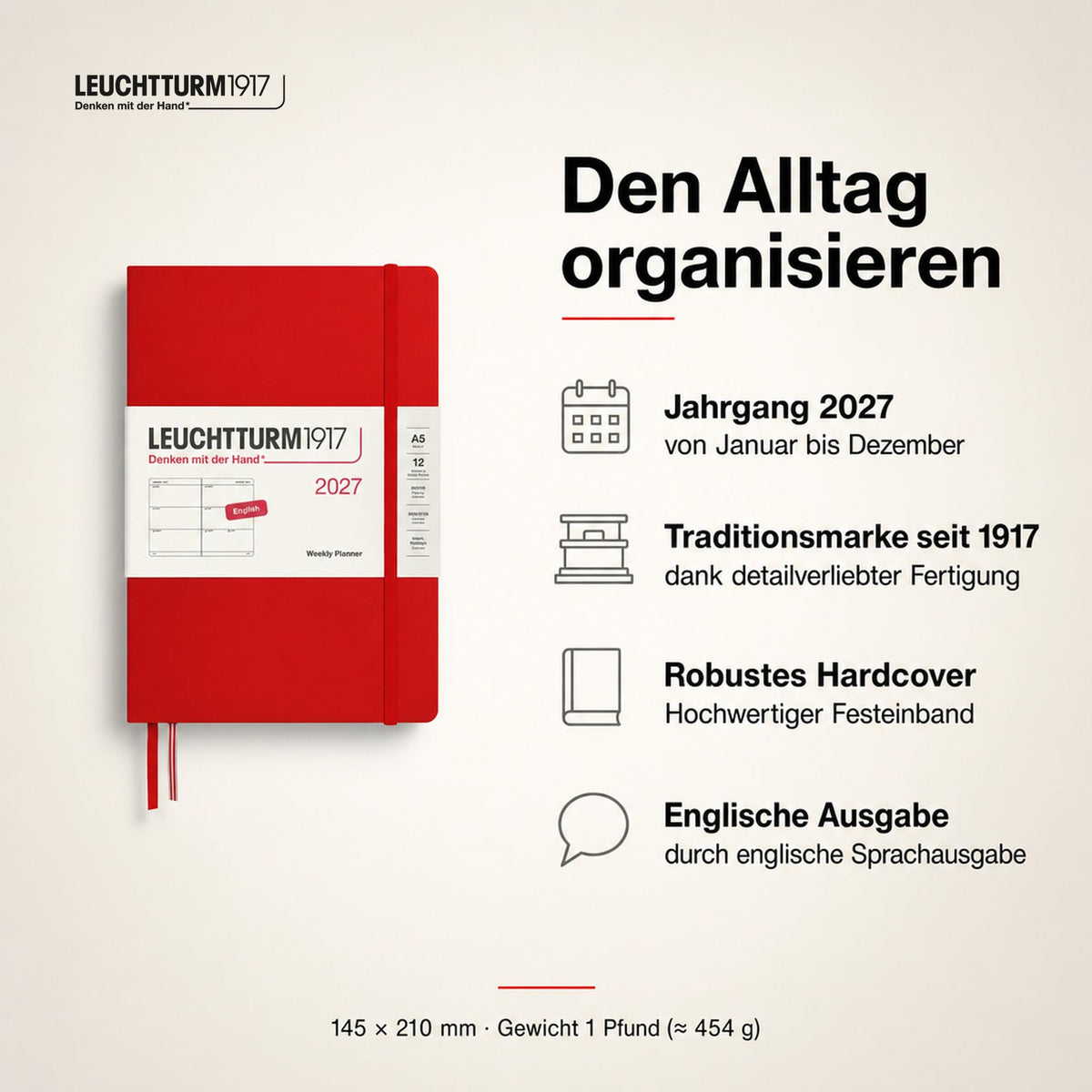 LEUCHTTURM1917 Calendar săptămânal 2027 Mediu (A5) - Engleză, Cireș, Hardcover, 145 x 210 mm, 12 luni - ianuarie-decembrie 2027, 1 săptămână pe pagină dublă, hârtie de 80 g/m² cu compatibilitate ridicată cu cerneală - 400270