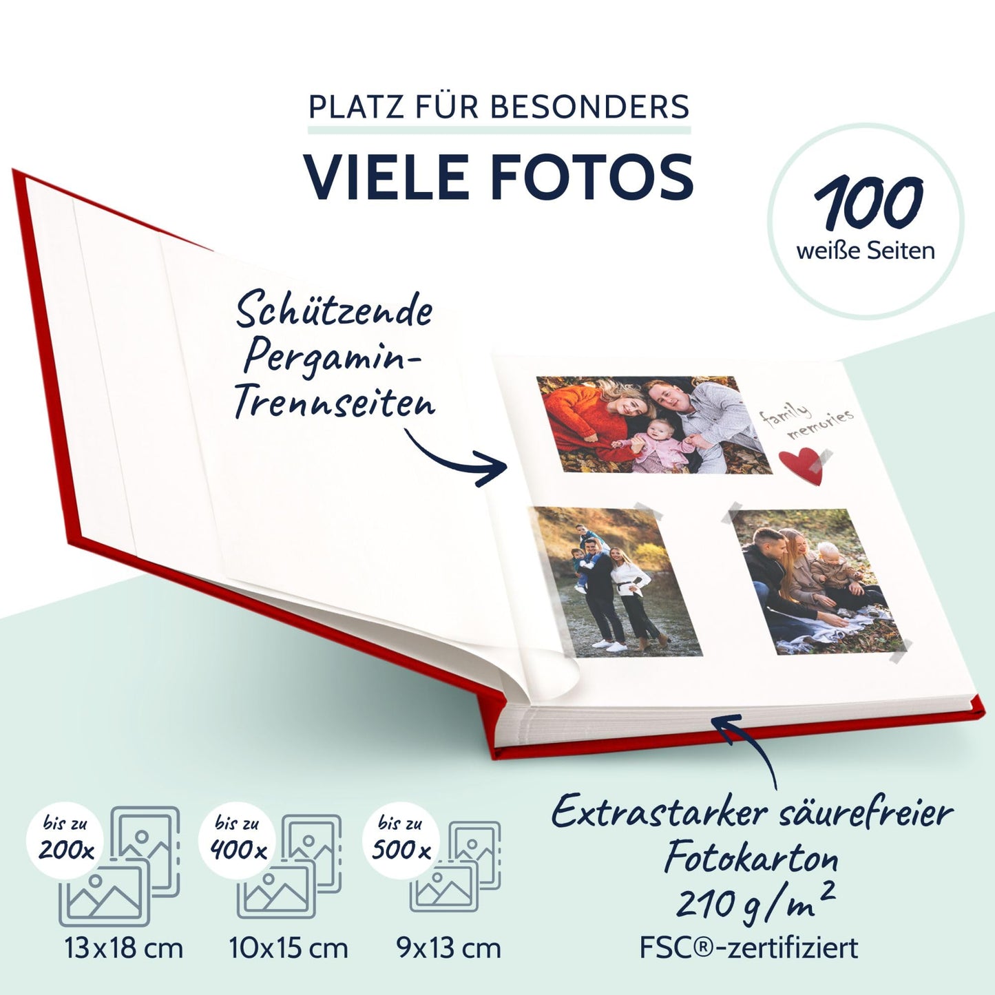 goldbuch 31707 photo album, Summertime, 30 x 31 cm, photo book with 100 white pages & glassine dividers, photo album made of linen, memory album, red