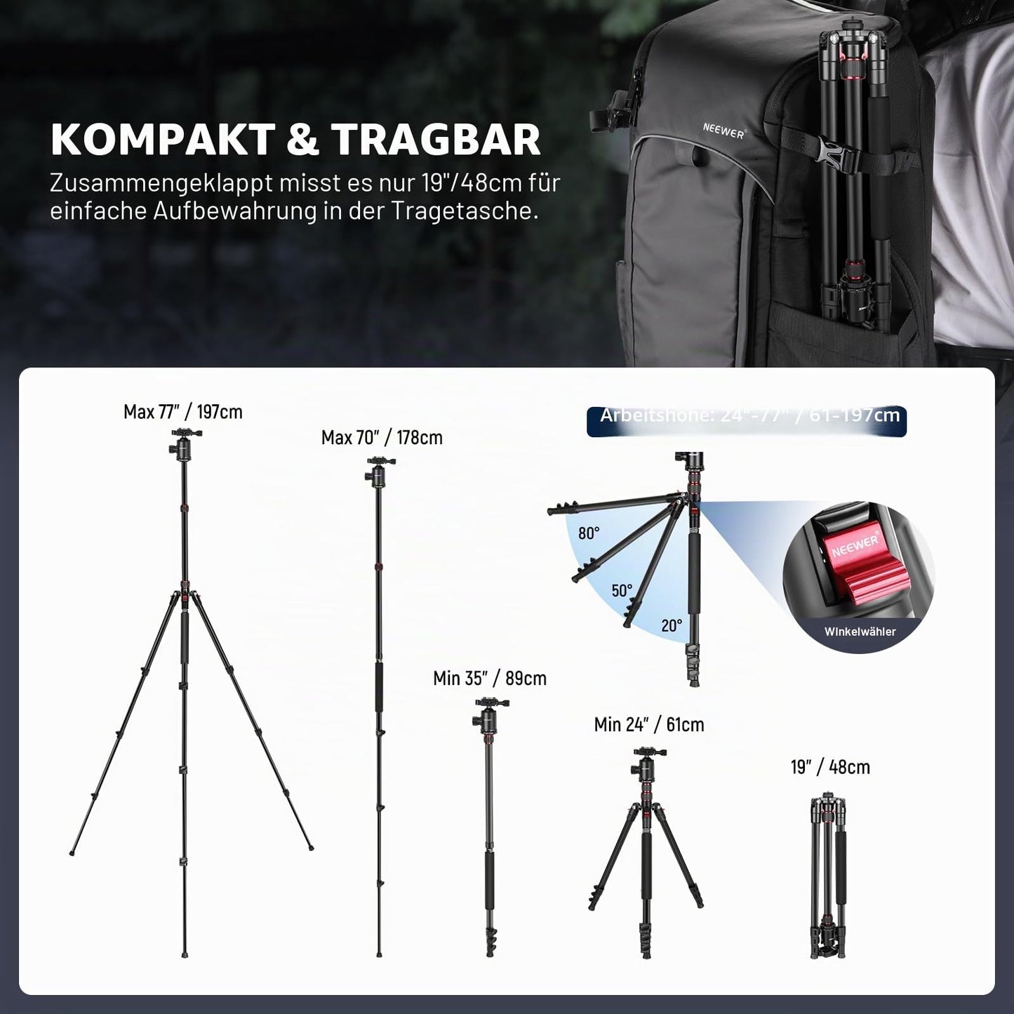 NEEWER 195.6cm Camera Tripod Monopod with Cell Phone Holder, Portable Travel Tripod with Remote Control 360° Ball Head 2 Axis Center Column, Arca QR Plate, Bag, Aluminum DSLR Tripod, Max 15.4kg, TP77 - 10104153